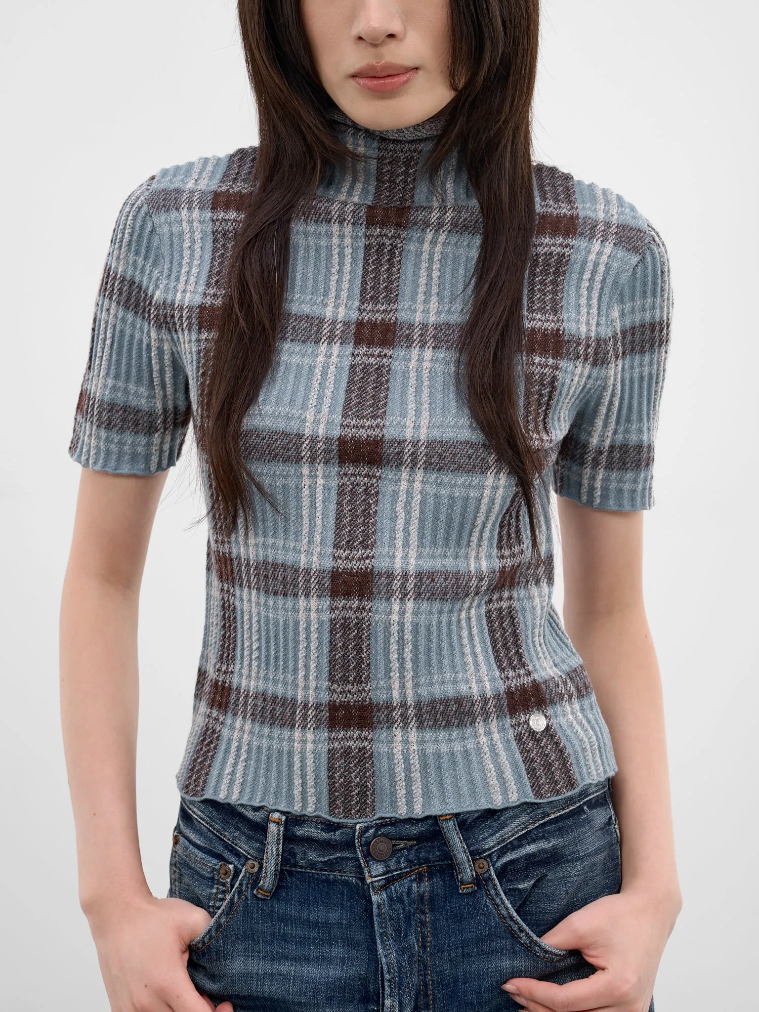 Blue Check Wool Knit Turleneck (A60641-AG7101-BLUE-BROWN) sold by lorenzo product image thumbnail 5