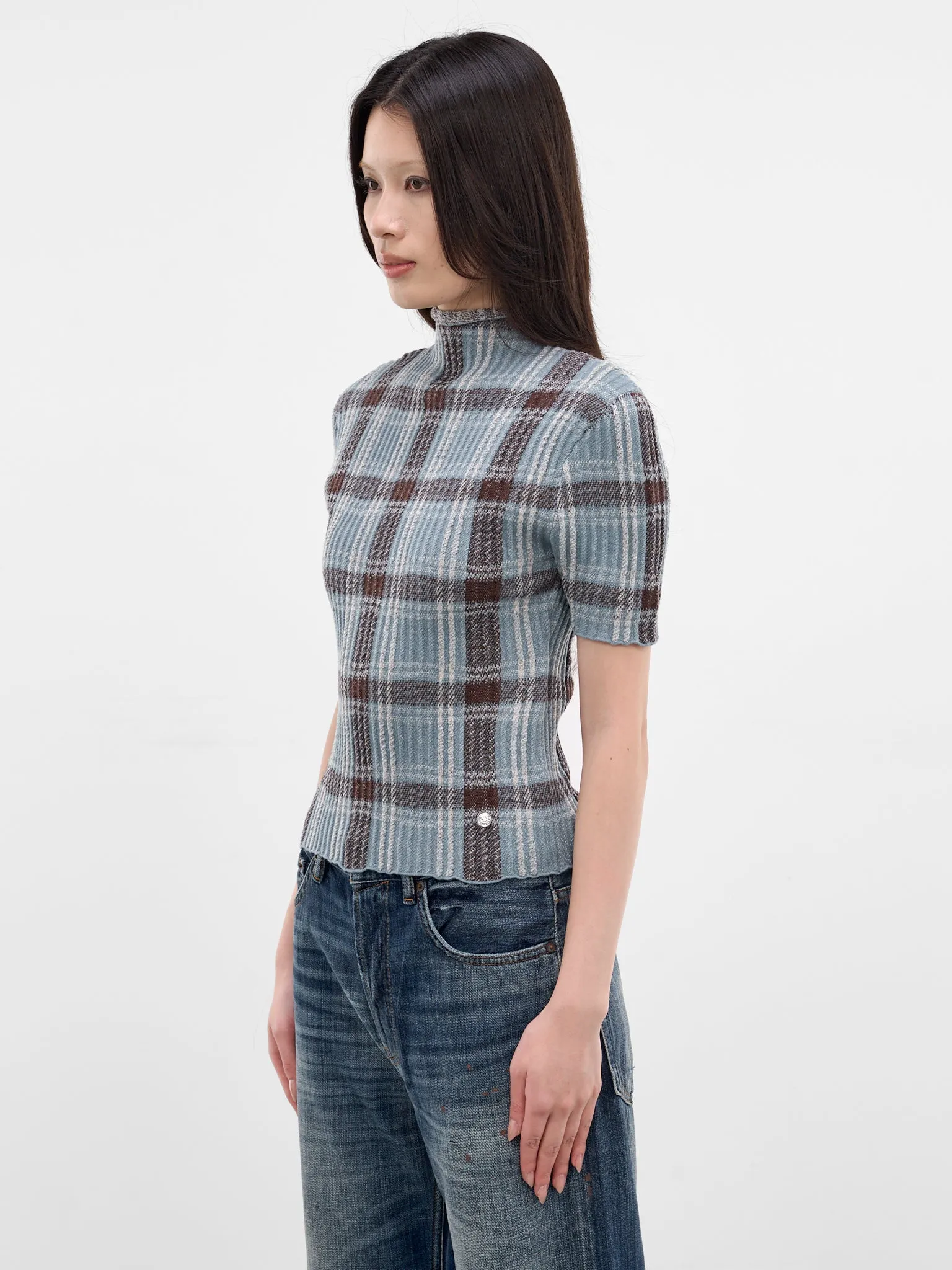 Blue Check Wool Knit Turleneck (A60641-AG7101-BLUE-BROWN) sold by lorenzo product image thumbnail 2