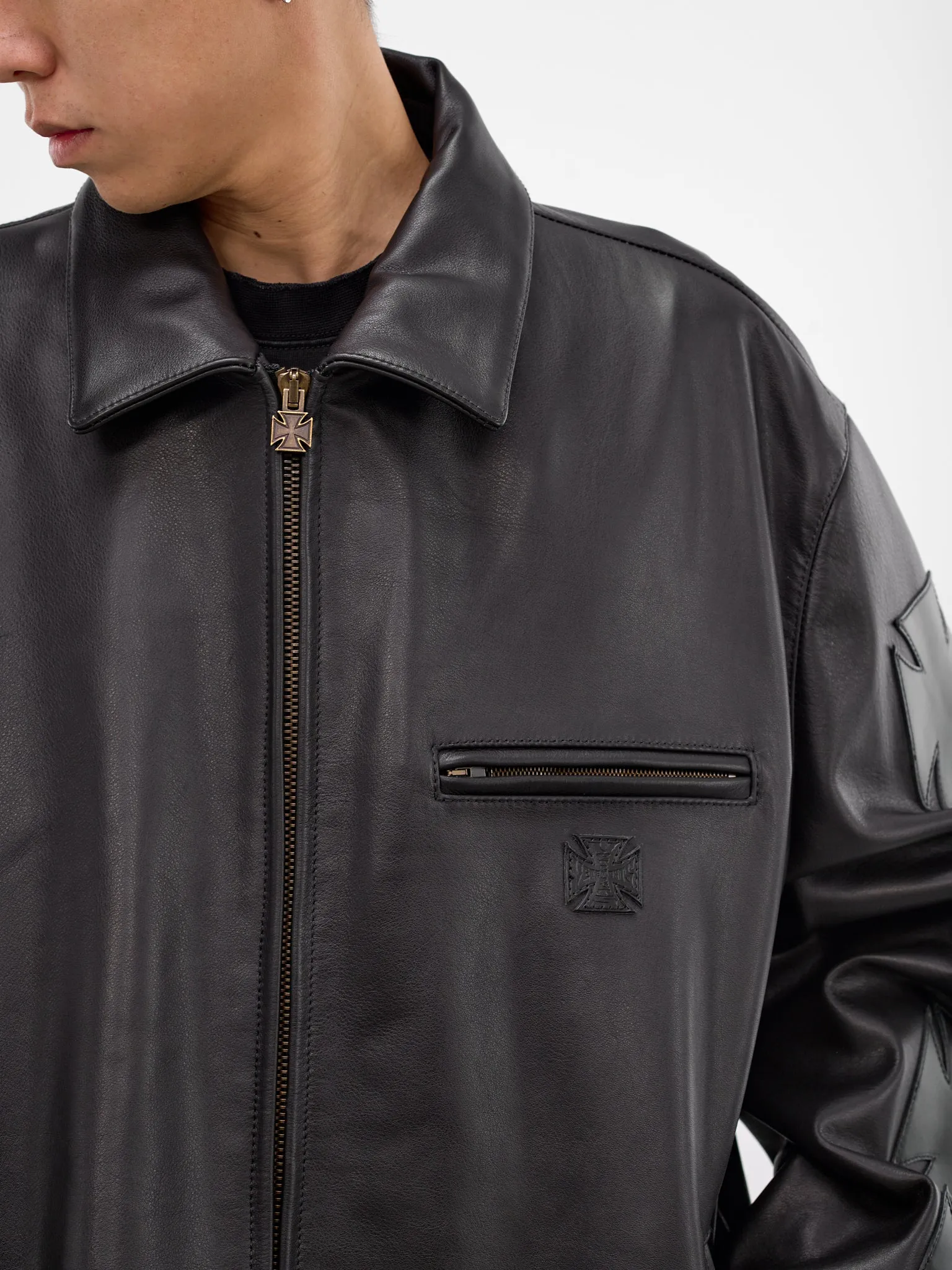 Black Biker Cross Leather Jacket (ME76LJ006B-BLACK) sold by lorenzo product image thumbnail 5