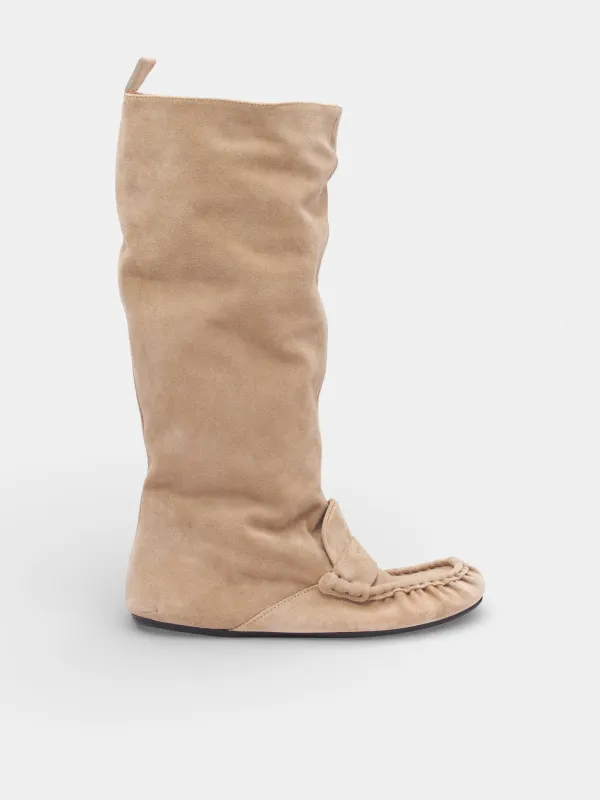 Beige Suede Slouch Saddle Boots (AC-WN-SHOE000018-BEIGE) made by Acne Studios