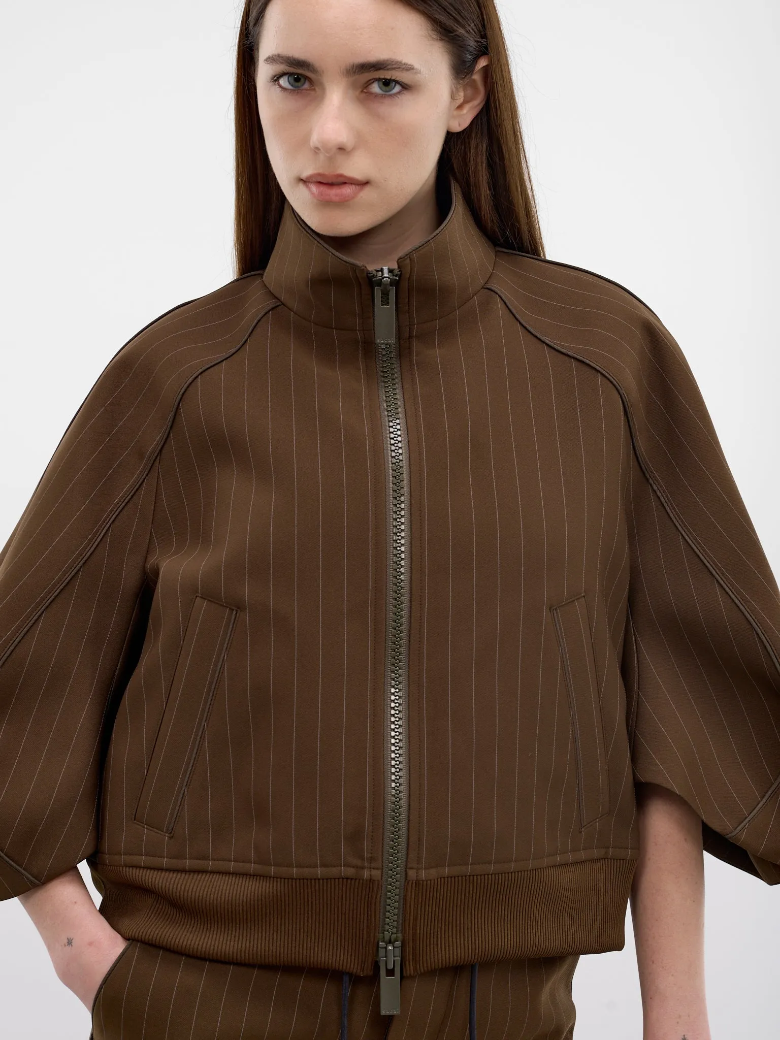 Brown Pinstripe Matelassé Boxy Jacket (26-08366-818-BROWN-STRIPE) sold by lorenzo product image thumbnail 4