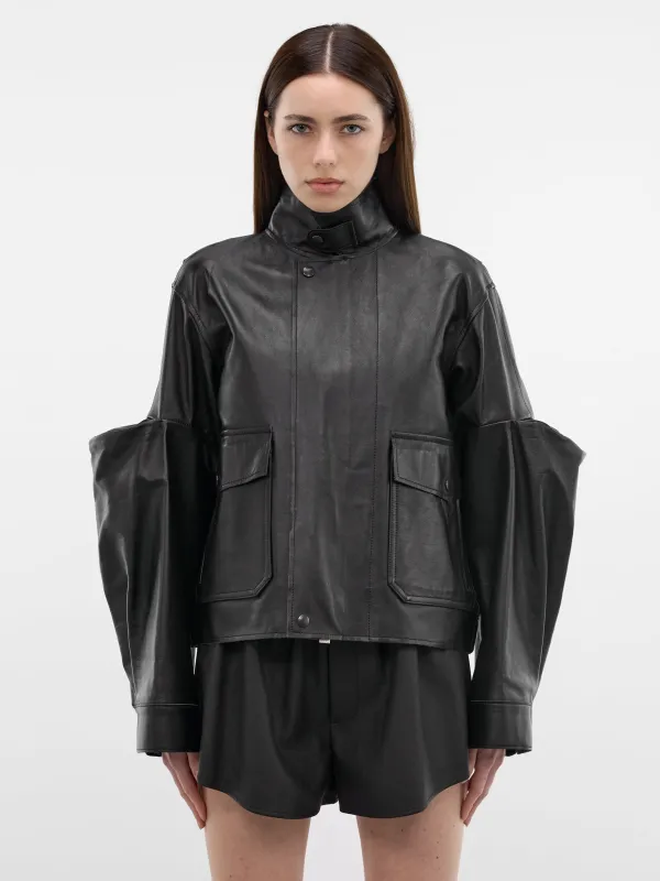 Black Leather 3D Sleeves Jacket (26-08295-001-BLACK) made by Sacai