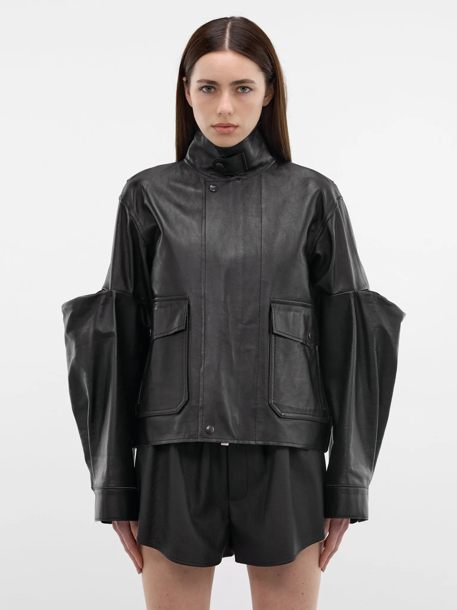 Black Leather 3D Sleeves Jacket (26-08295-001-BLACK) sold by lorenzo
