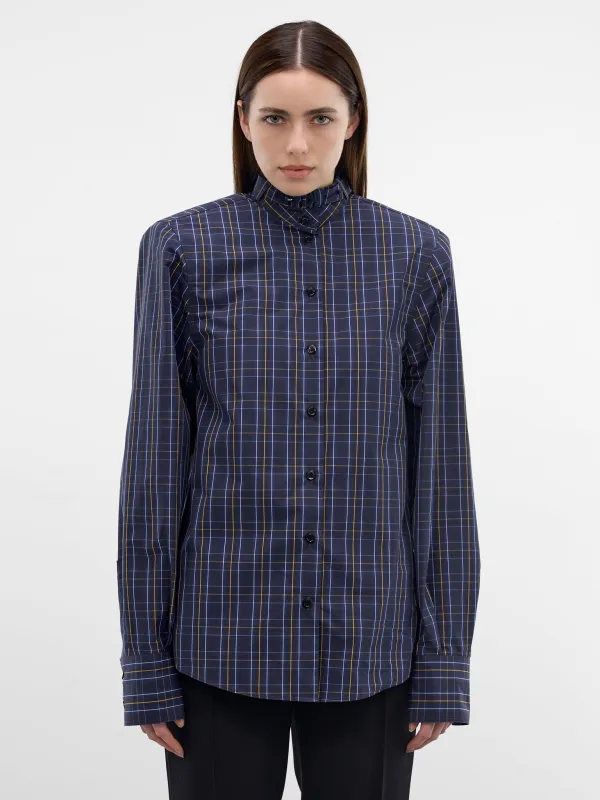 Plaid Belted Collar Button-Down Shirt (26P1T00856273-DARK-BLUE) made by Mugler