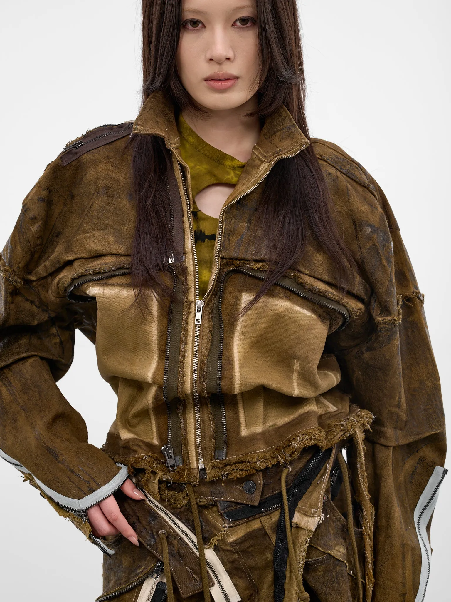 Brown 4D Deconstructed Denim Jacket (11070391001-BROWN) sold by lorenzo product image thumbnail 4