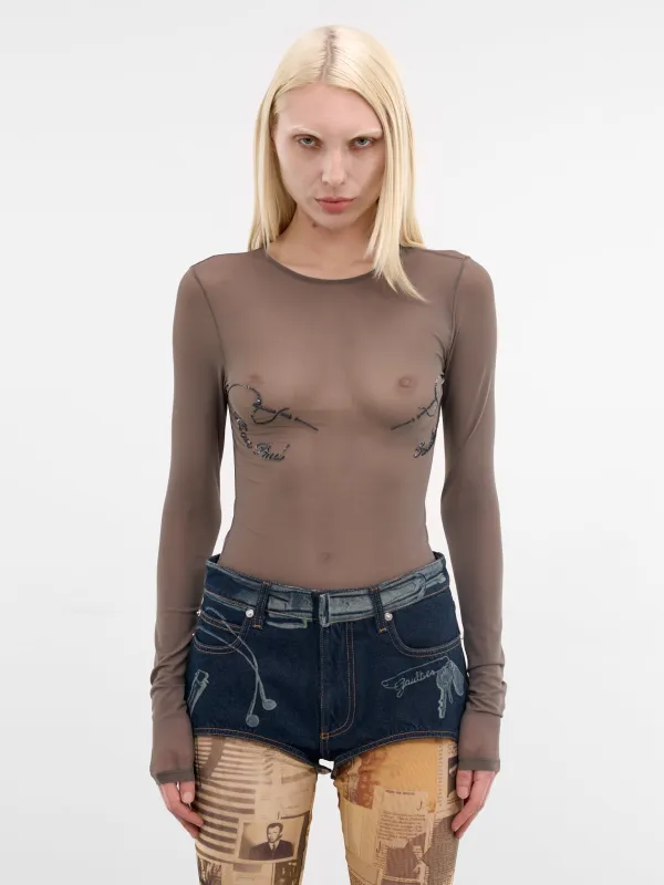 Sheer Needles & Logo Beaded Top (TO433-M016-04-DARKGREY) made by Jean Paul Gaultier