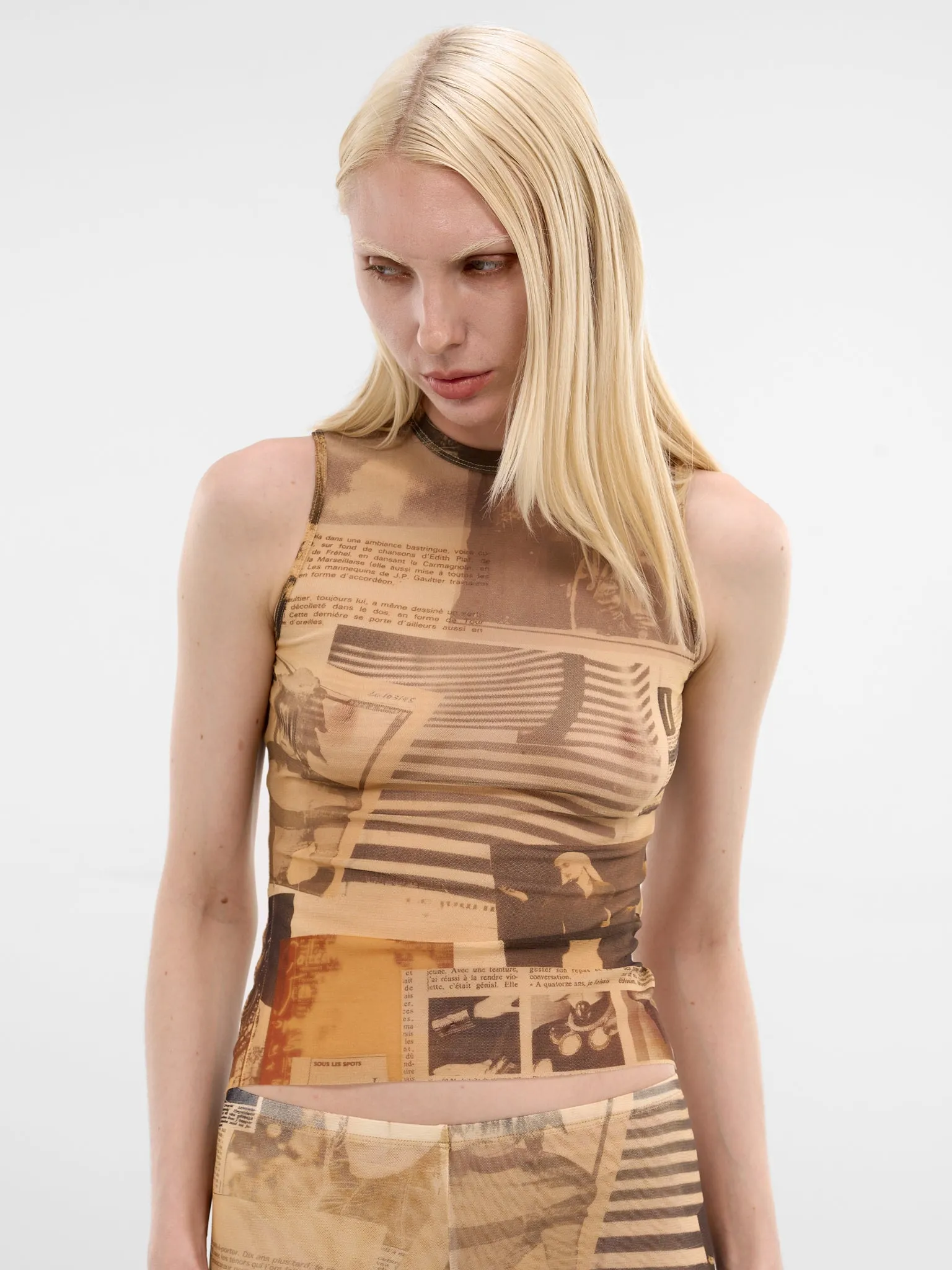 Beige Journal Print Mesh Tank (TO415-M013P-030830-ECRU-LIGHT) sold by lorenzo product image thumbnail 5