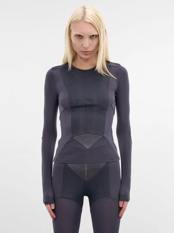 Petrol Satin Paneled Jersey Top (TO391-J031-87-PETROL) made by Jean Paul Gaultier