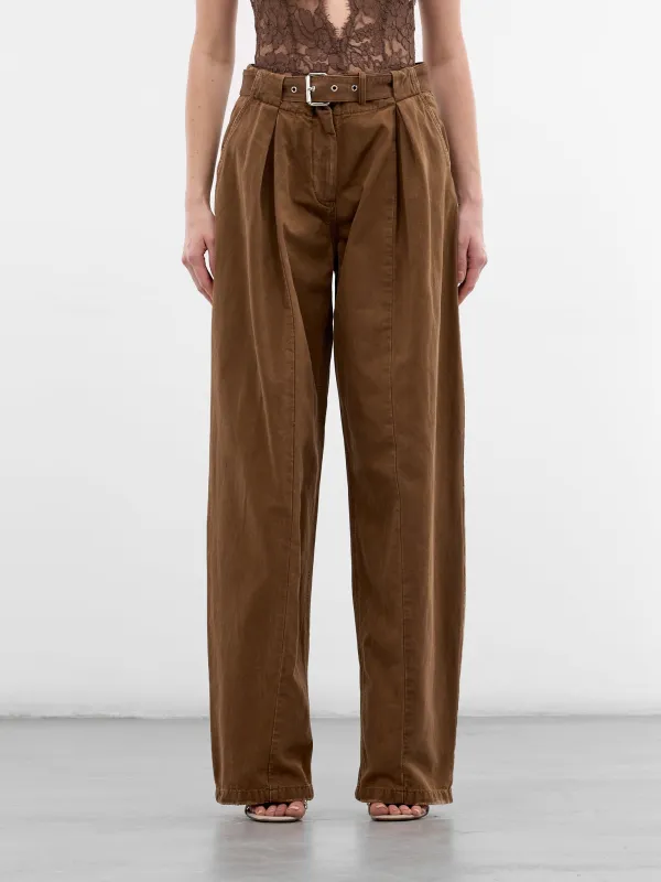 Brown Canvas Pleated Wide Trousers (2J226A-N0517-TOFFEE-BROWN) sold by lorenzo