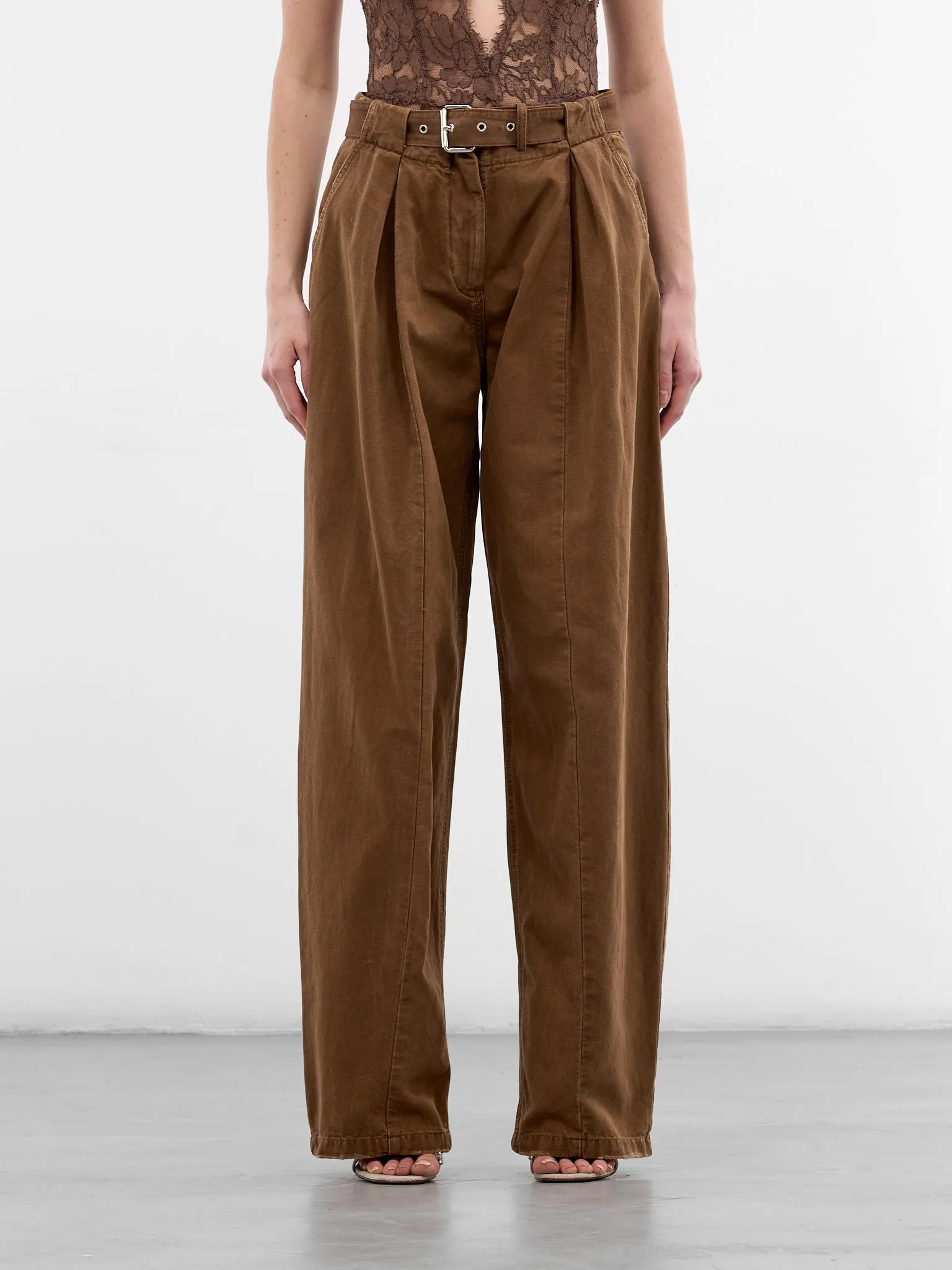 Brown Canvas Pleated Wide Trousers (2J226A-N0517-TOFFEE-BROWN) sold by lorenzo