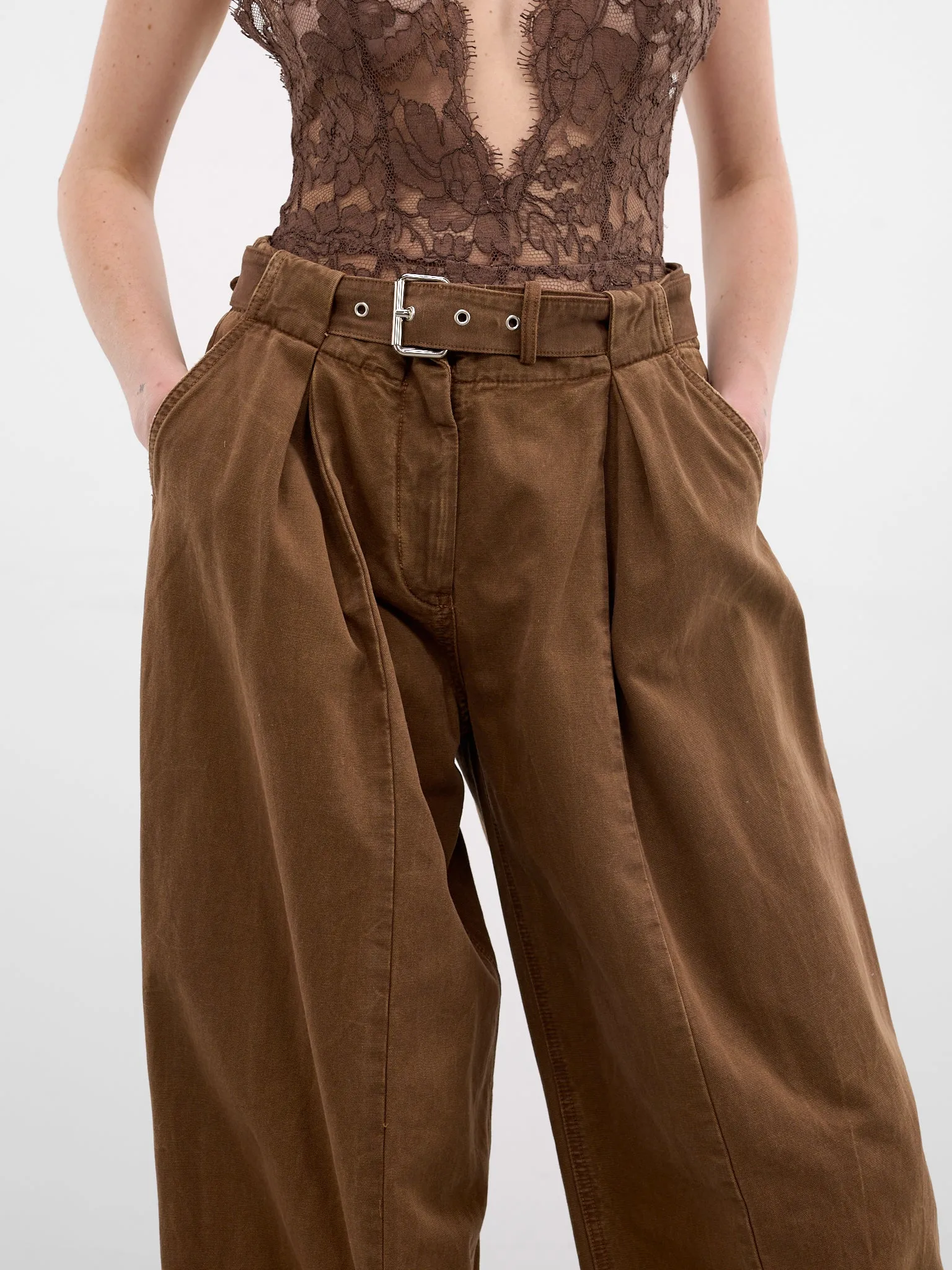 Brown Canvas Pleated Wide Trousers (2J226A-N0517-TOFFEE-BROWN) sold by lorenzo product image thumbnail 5