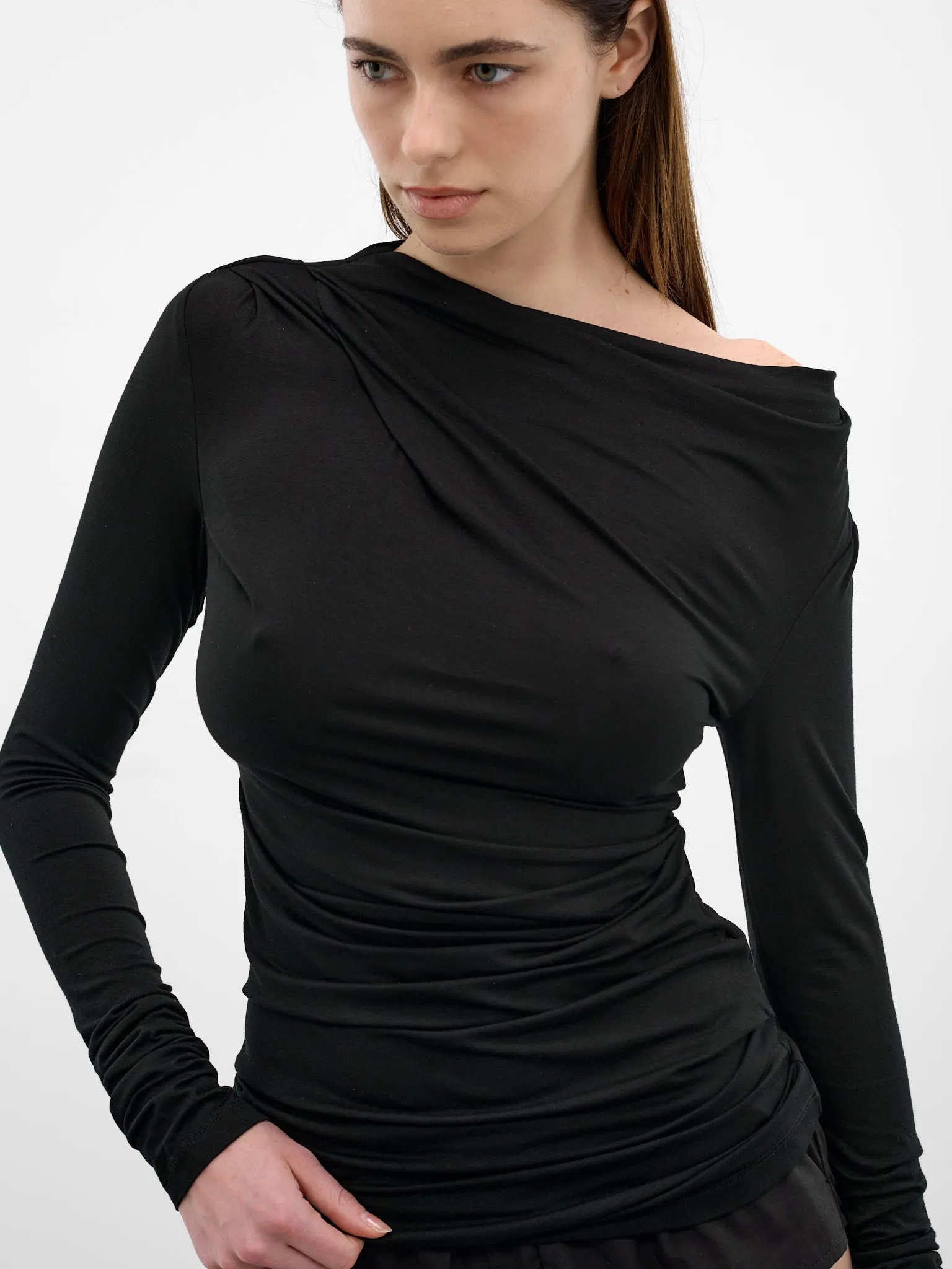 Black Draped Long Sleeve Top (TO02243-BLACK) sold by lorenzo product image thumbnail 5