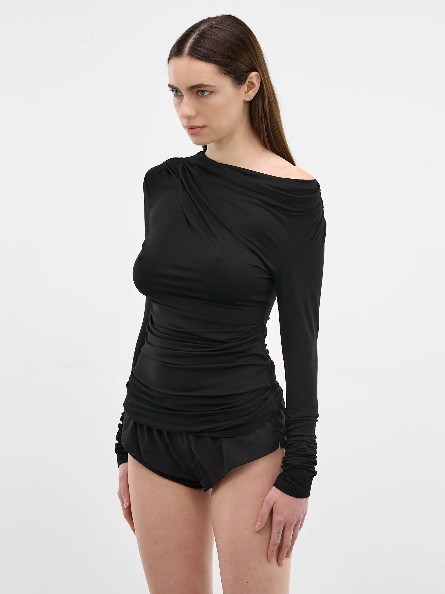 Black Draped Long Sleeve Top (TO02243-BLACK) sold by lorenzo product image thumbnail 2