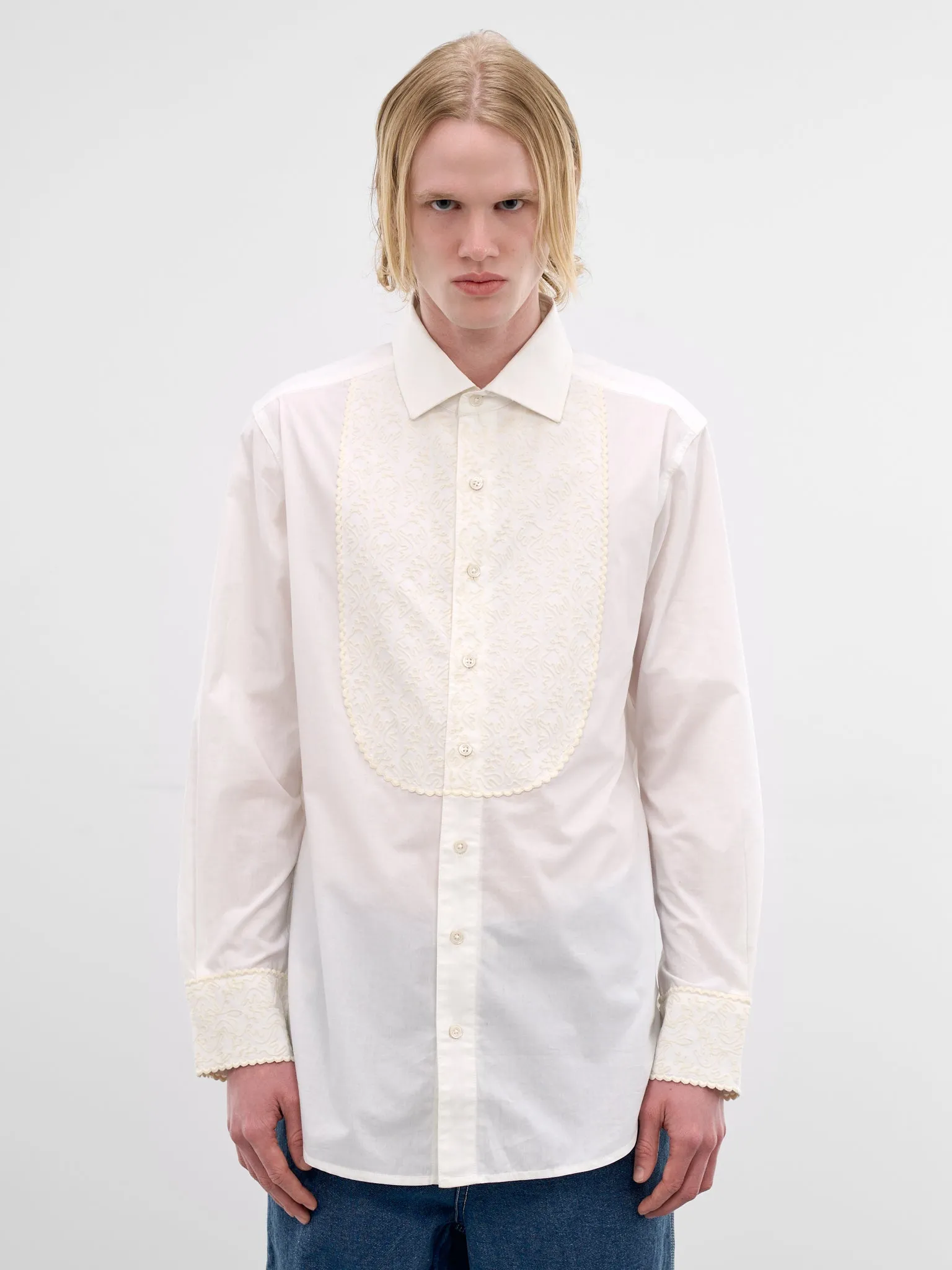 White Closerie Embroidered Tuxedo Shirt (MRS26SH008-ECRU) sold by lorenzo