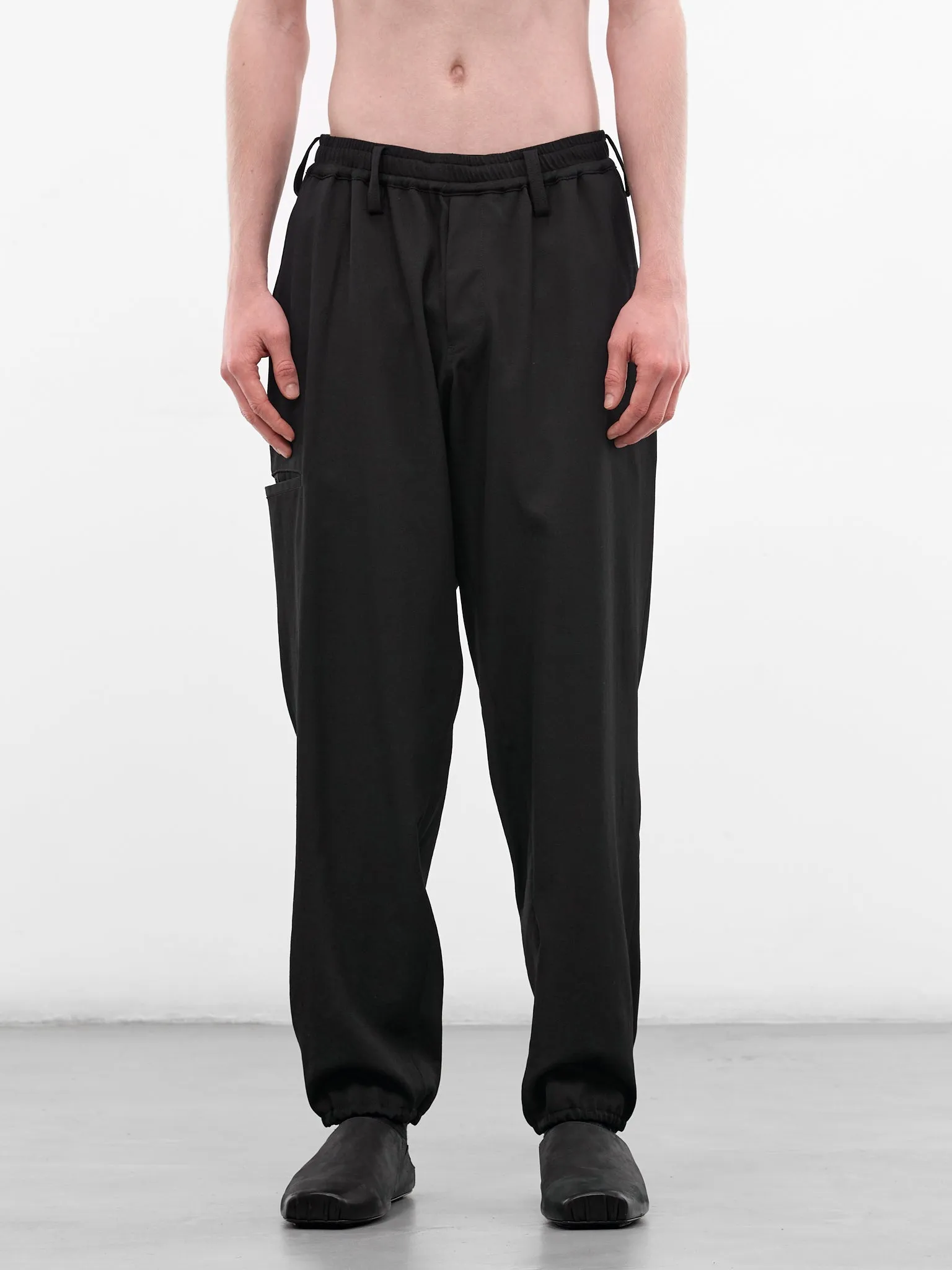 Black Wool Gabardine Elasticated Trousers (HK-P03-140-1-BLACK) sold by lorenzo