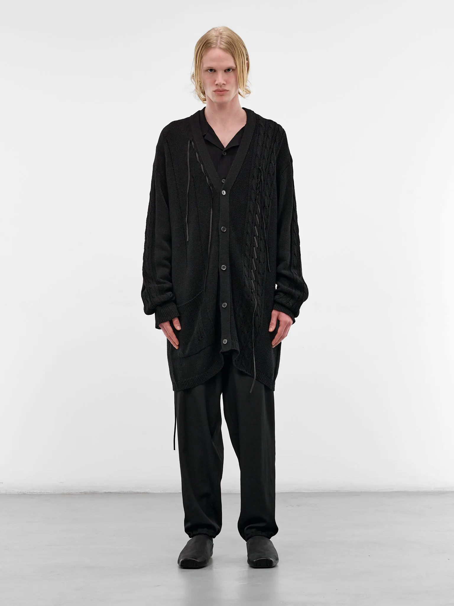 Black Laced Linen-Cotton Cardigan (HK-K375-374-1-BLACK sold by lorenzo
