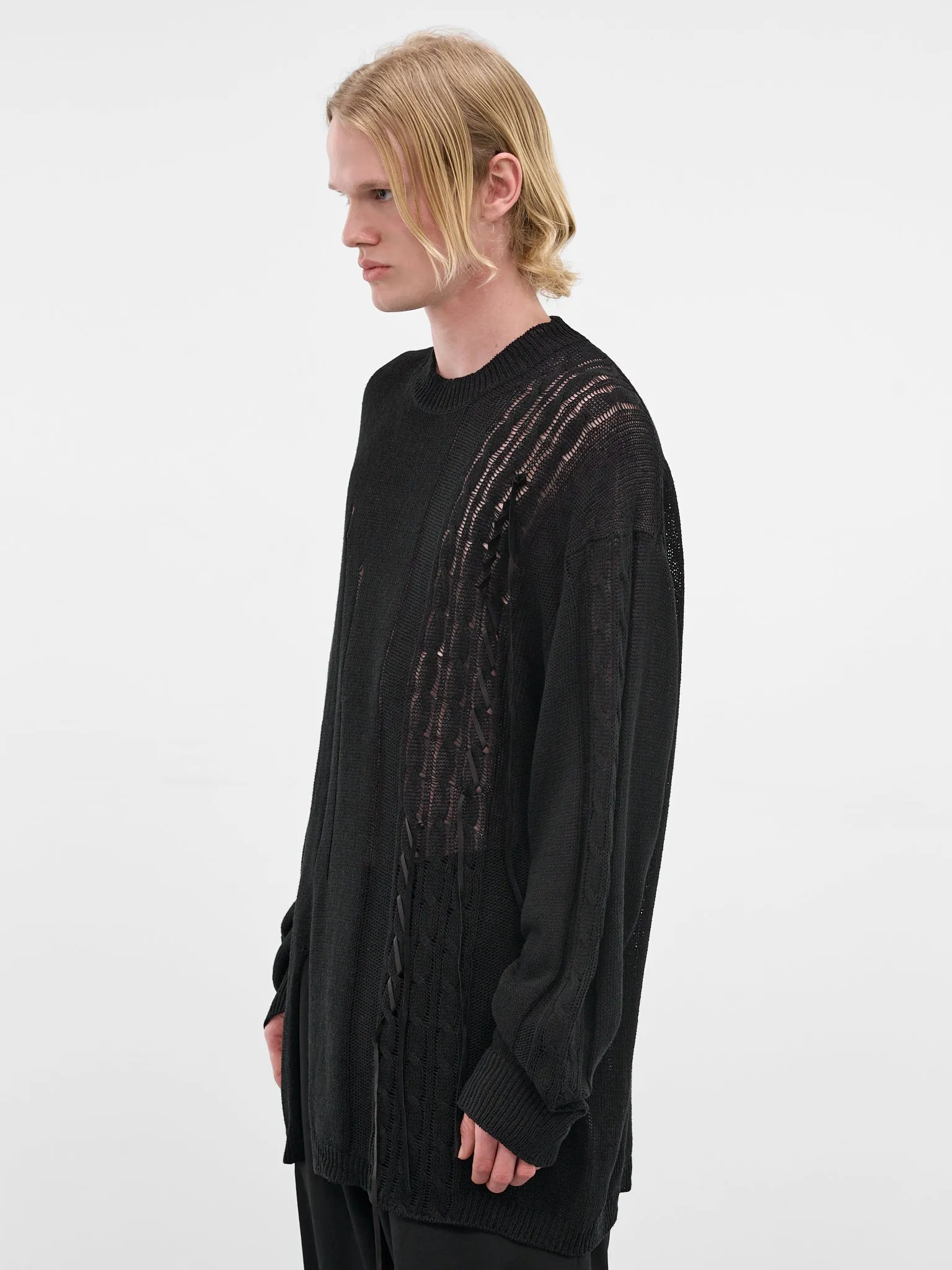 Black Distressed Linen-Cotton Sweater (HK-K08-374-1-BLACK) sold by lorenzo product image thumbnail 2