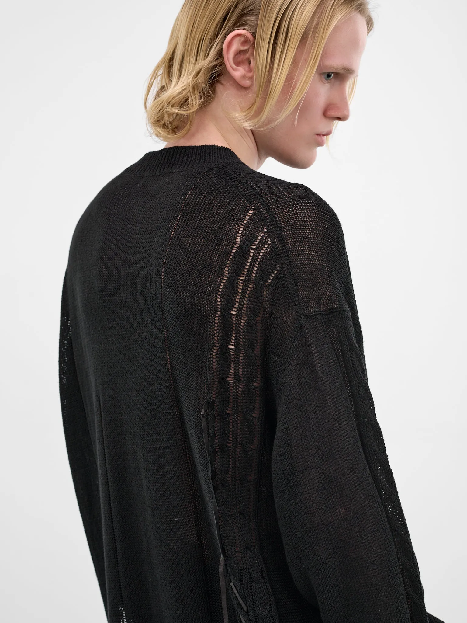 Black Distressed Linen-Cotton Sweater (HK-K08-374-1-BLACK) sold by lorenzo product image thumbnail 4