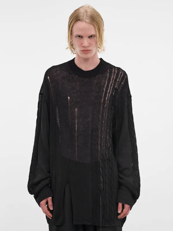 Black Distressed Linen-Cotton Sweater (HK-K08-374-1-BLACK) sold by lorenzo