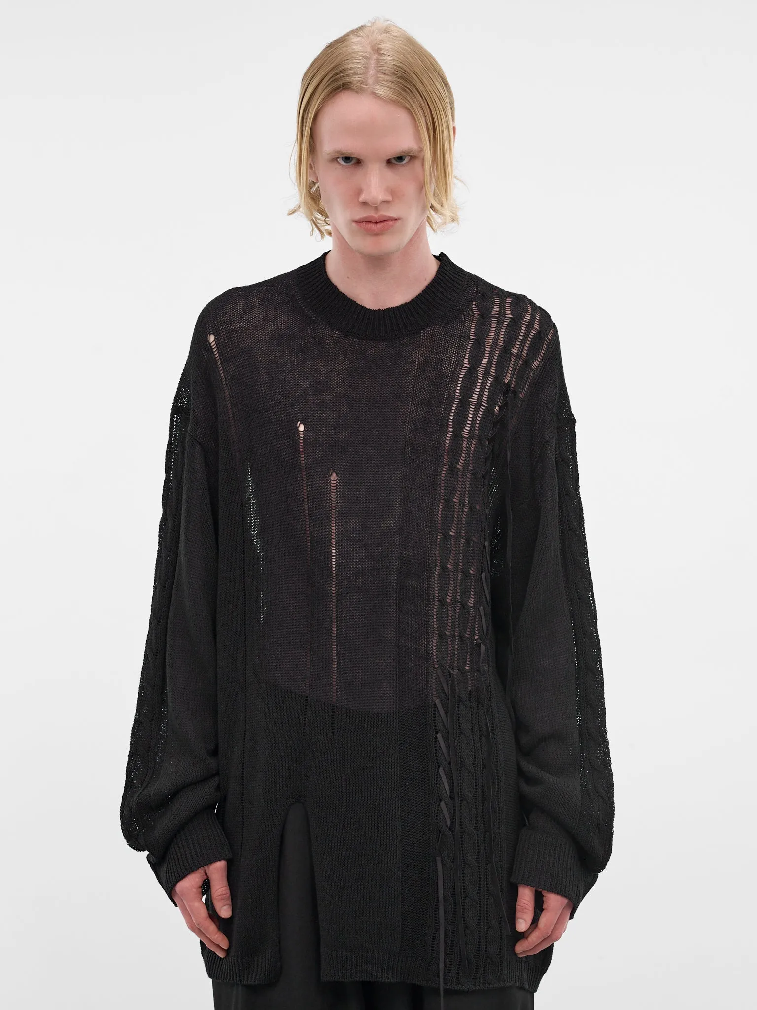 Black Distressed Linen-Cotton Sweater (HK-K08-374-1-BLACK) sold by lorenzo