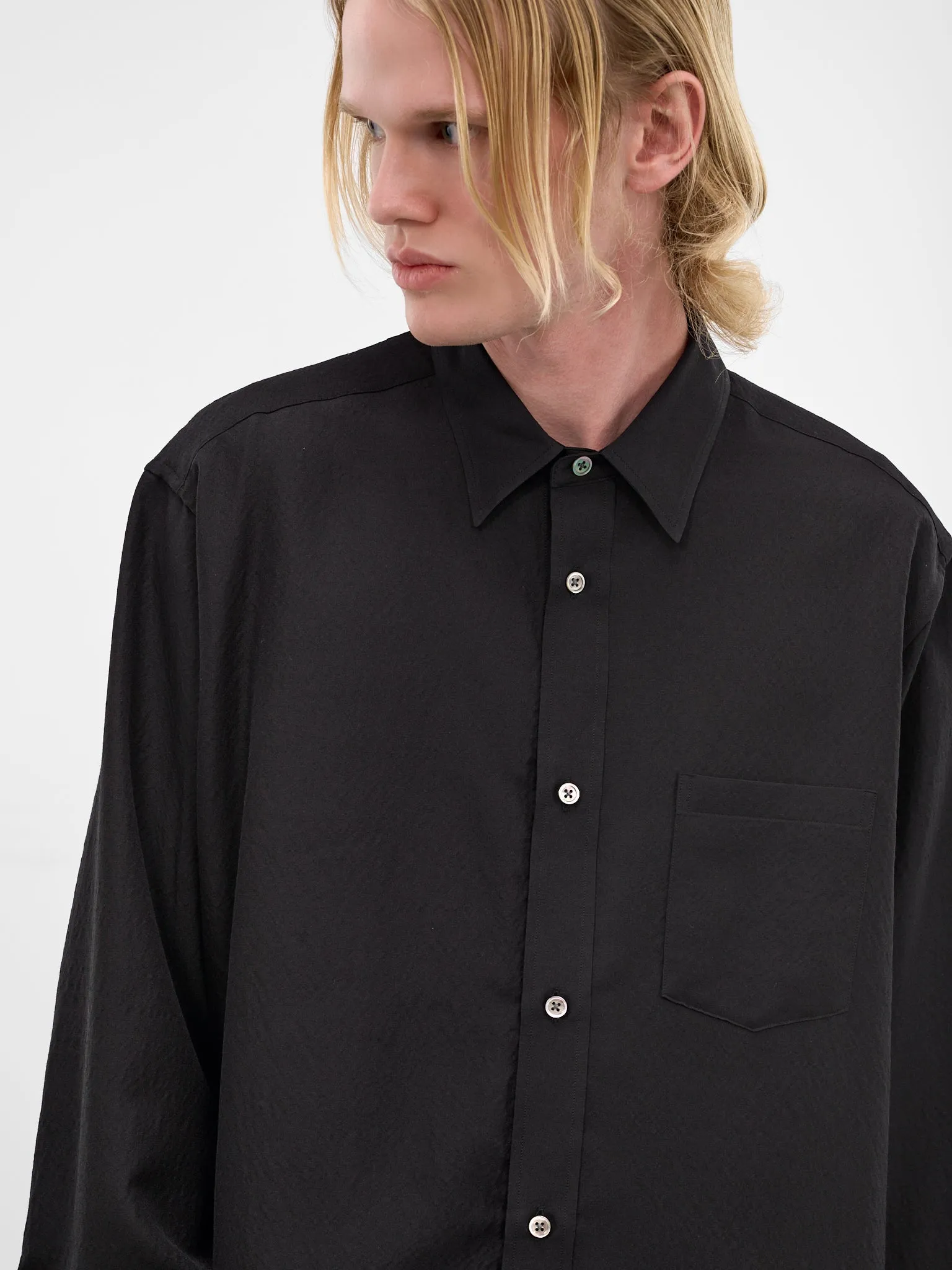 Black Wool-Silk Button-Up Shirt (ST-1449-BLACK) sold by lorenzo product image thumbnail 5