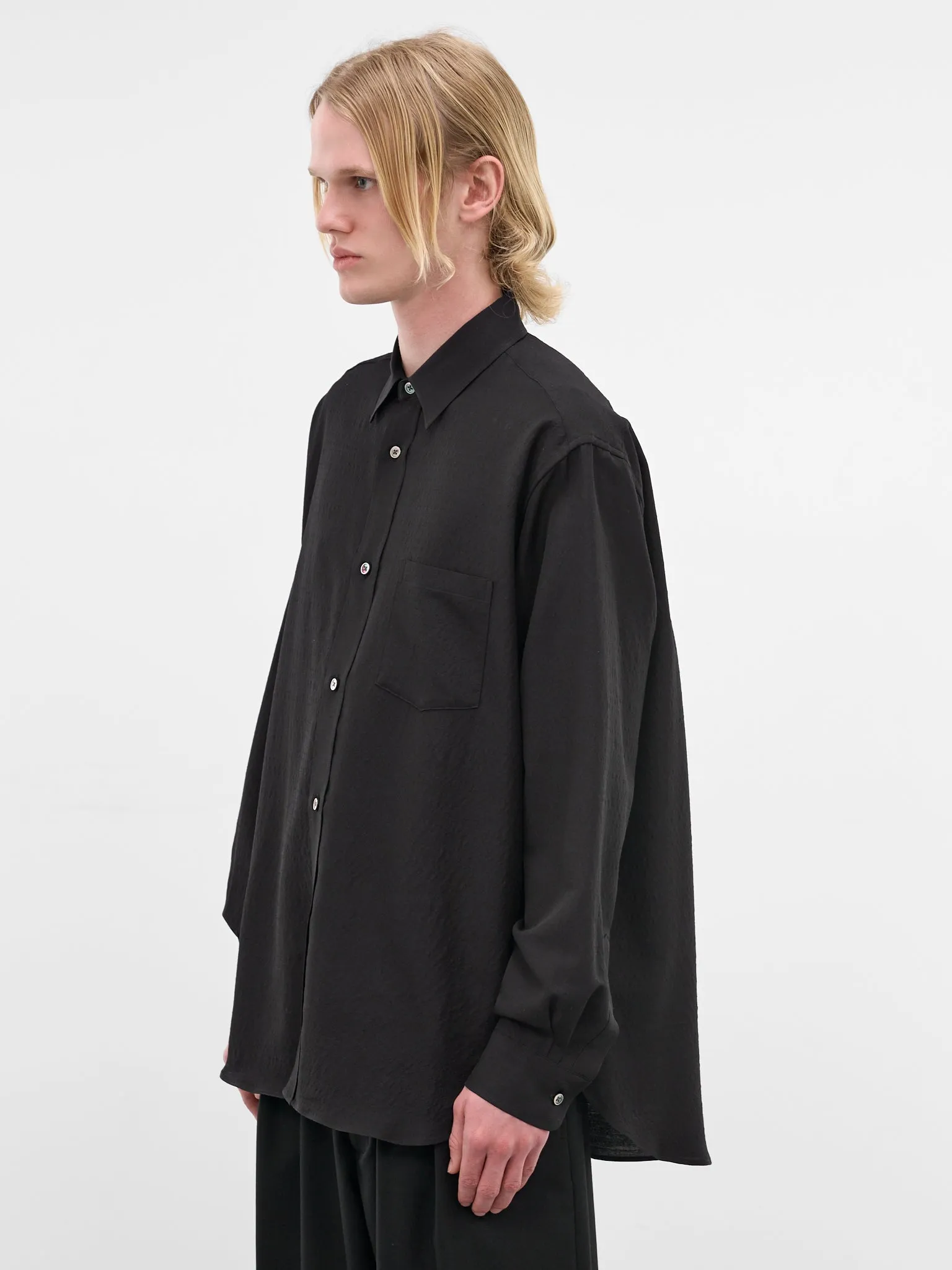 Black Wool-Silk Button-Up Shirt (ST-1449-BLACK) sold by lorenzo product image thumbnail 2