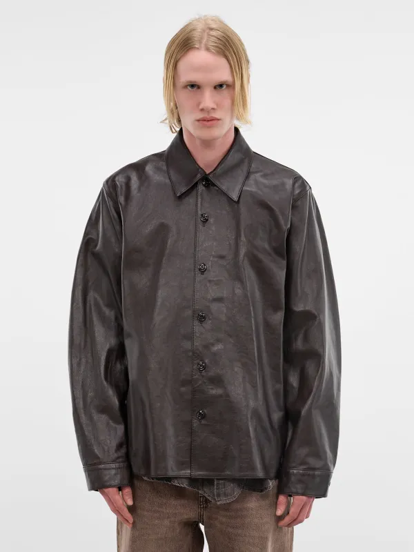 Brown Leather Boxy Welding Shirt (M4259WU-UMBER-BROWN-FLUID) made by Our Legacy