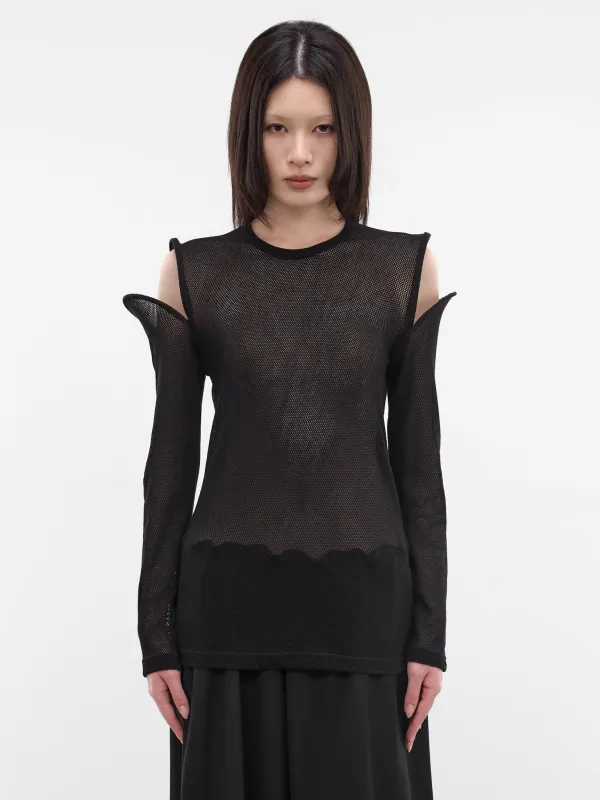 Sculptural Cut-Out Shoulders Mesh Top (JQ-T026-S26-1-BLACK) made by Junya Watanabe