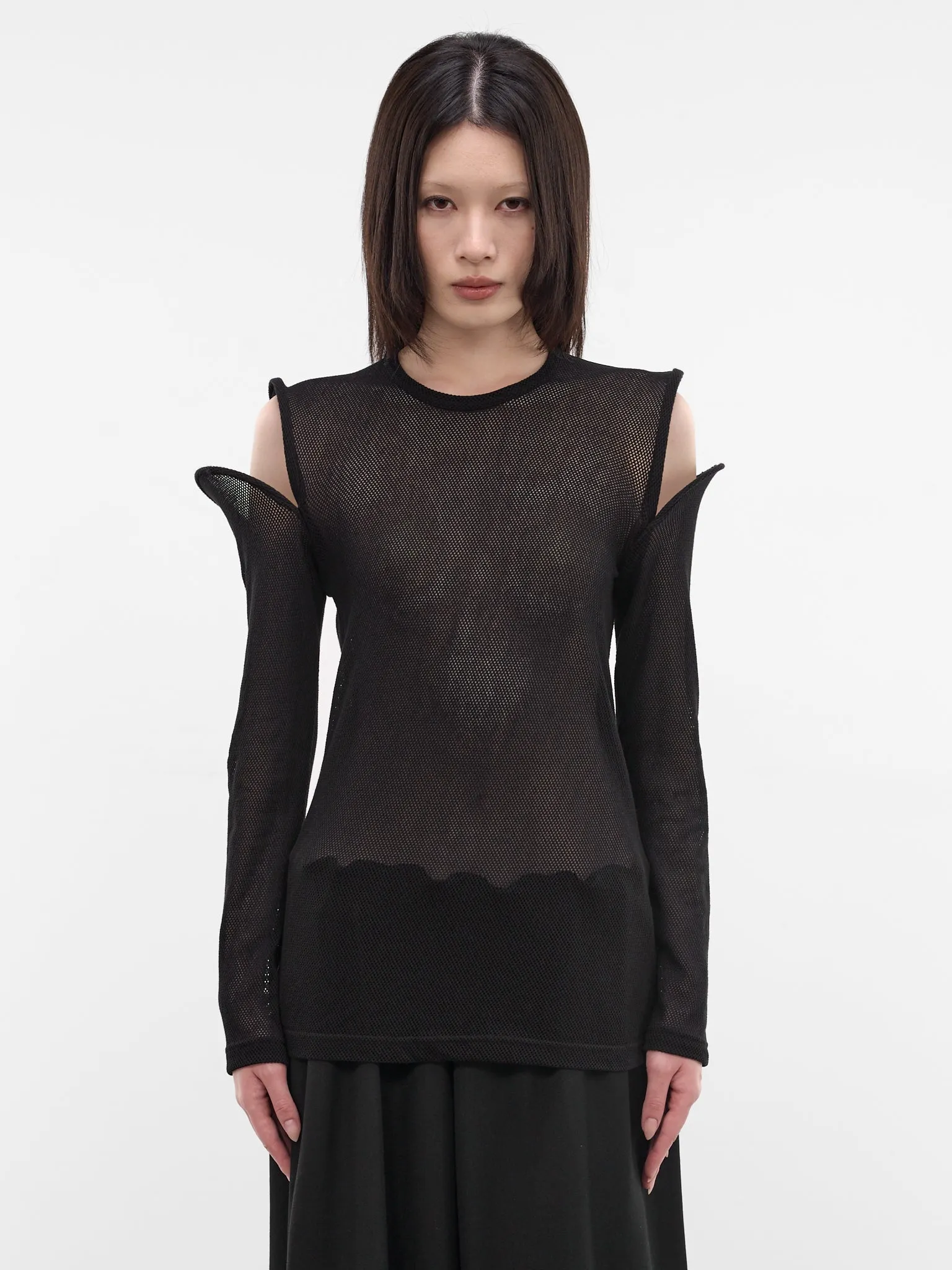 Sculptural Cut-Out Shoulders Mesh Top (JQ-T026-S26-1-BLACK) sold by lorenzo