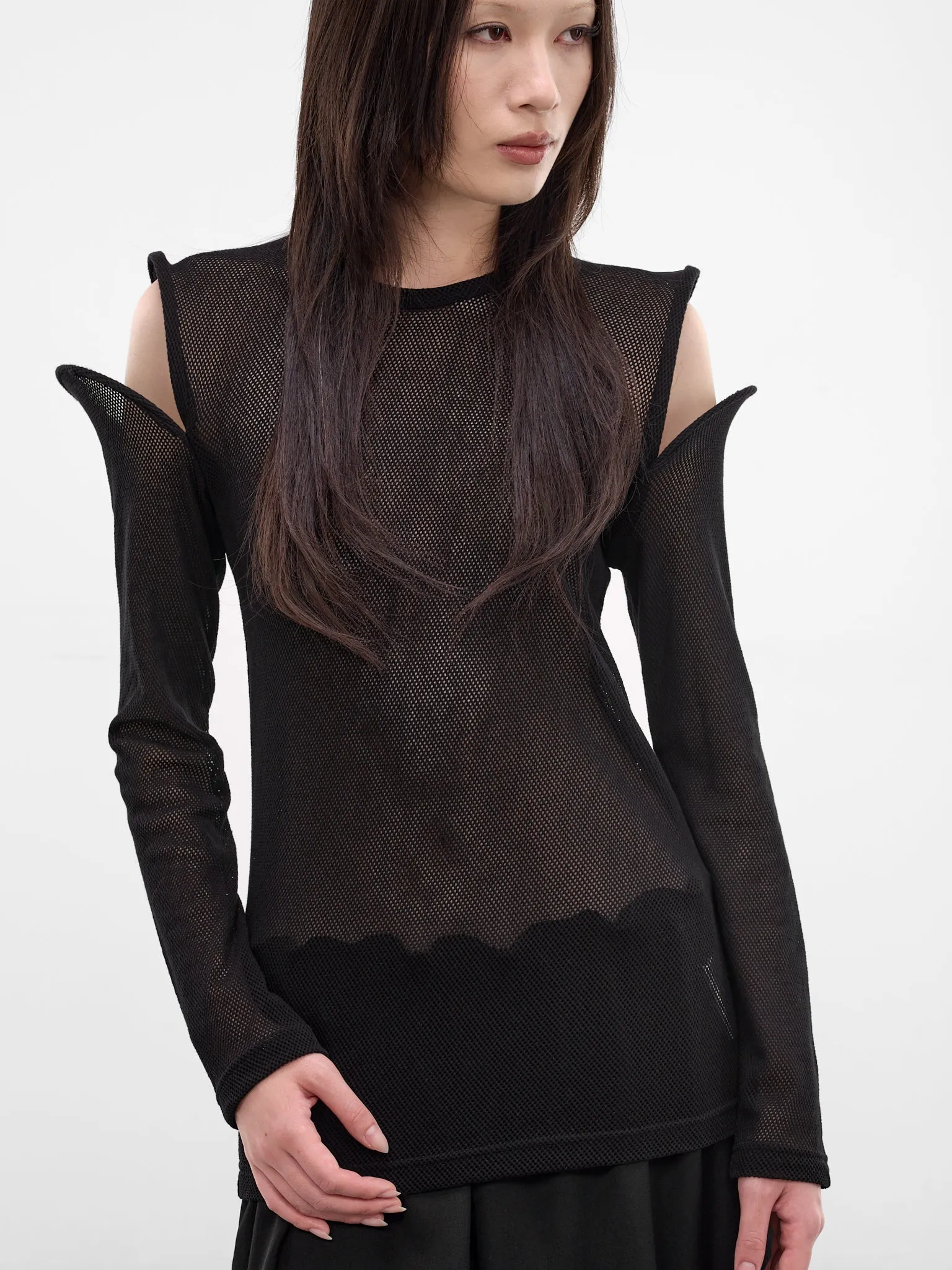 Sculptural Cut-Out Shoulders Mesh Top (JQ-T026-S26-1-BLACK) sold by lorenzo product image thumbnail 4