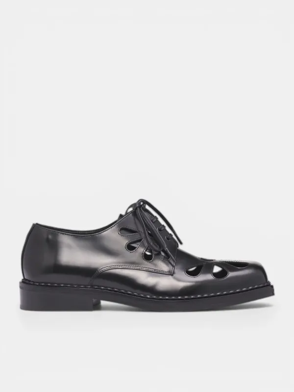 Polished Leather Cut-Out Squared Derbies (BRG20-M-0740-BLACK) sold by lorenzo