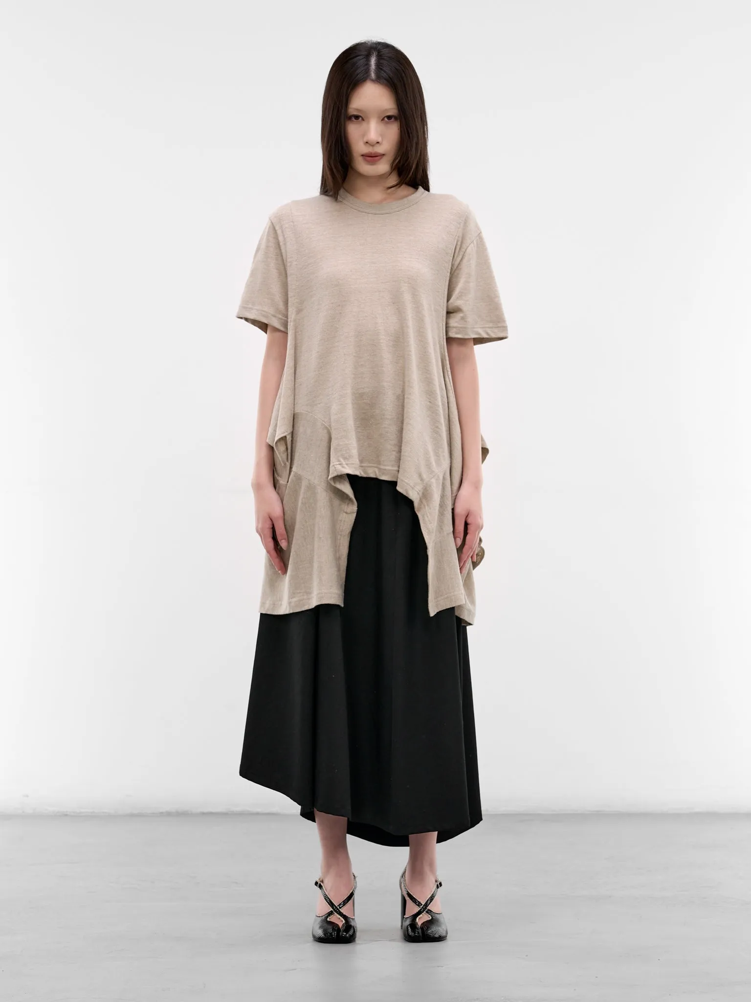Ecru Jersey Asymmetric Draped Tee (GQ-T003-051-1-ECRU) sold by lorenzo