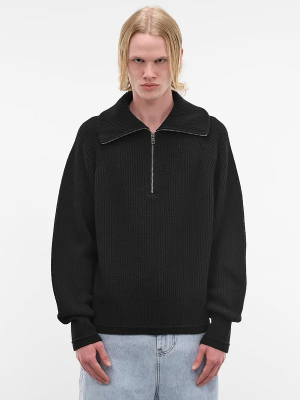 Black Wool Rib-Knit Quarter Zip (ESSS26TO01073-BLACK) made by Entire Studios