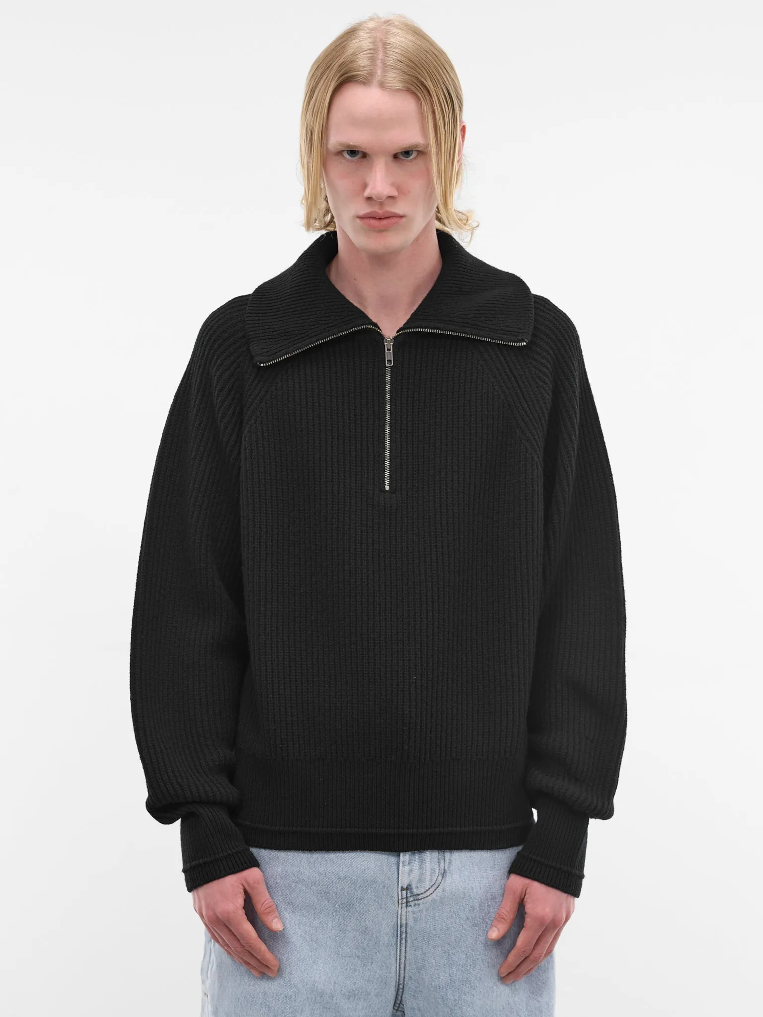 Black Wool Rib-Knit Quarter Zip (ESSS26TO01073-BLACK) sold by lorenzo
