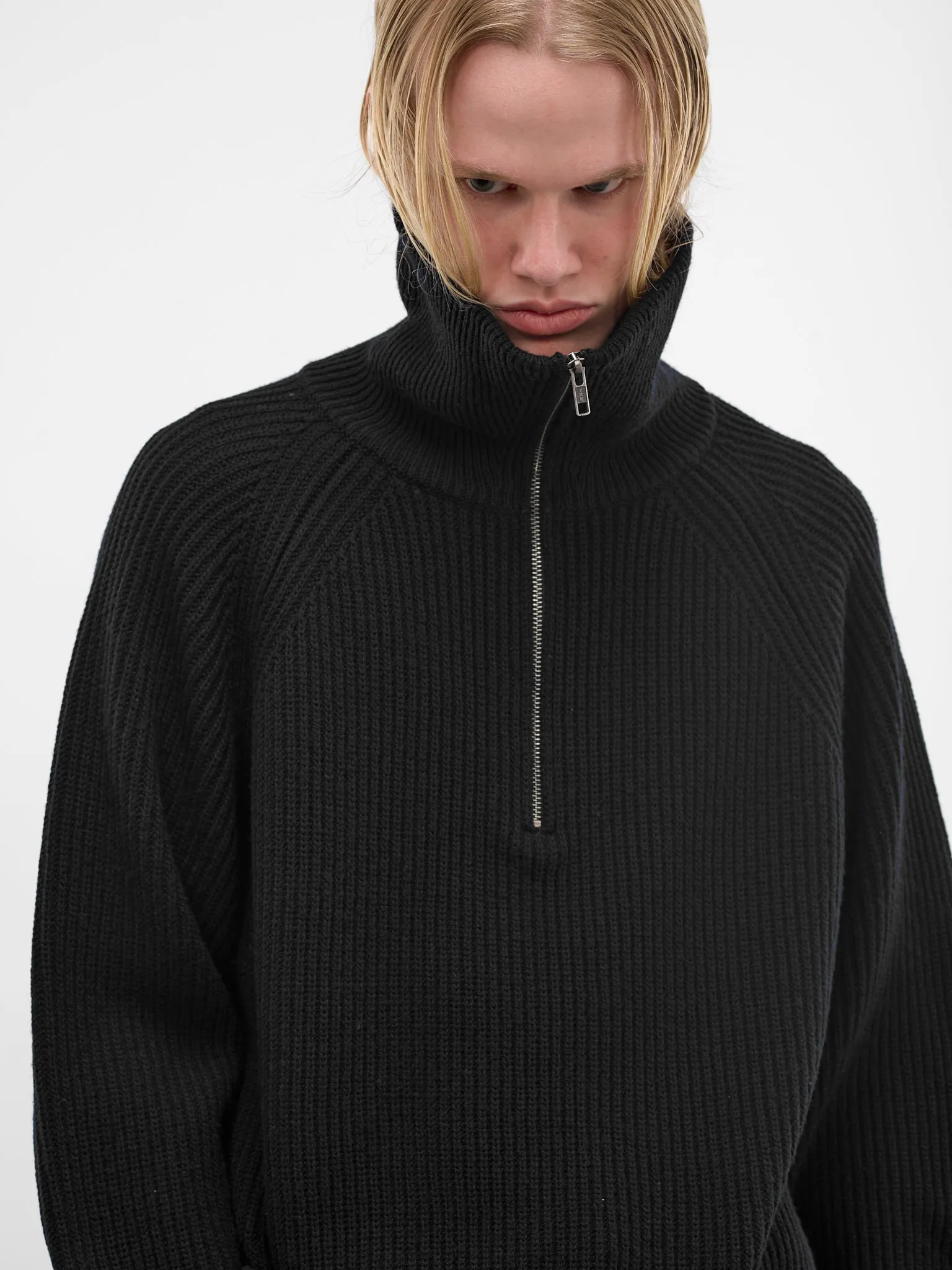 Black Wool Rib-Knit Quarter Zip (ESSS26TO01073-BLACK) sold by lorenzo product image thumbnail 5