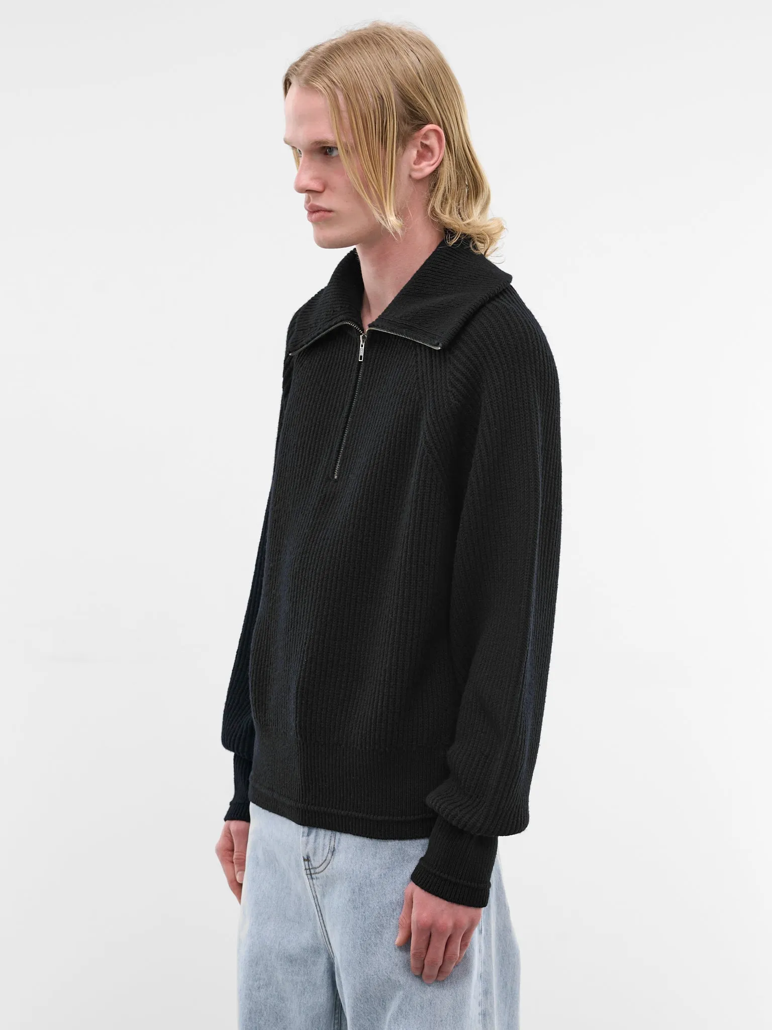 Black Wool Rib-Knit Quarter Zip (ESSS26TO01073-BLACK) sold by lorenzo product image thumbnail 2
