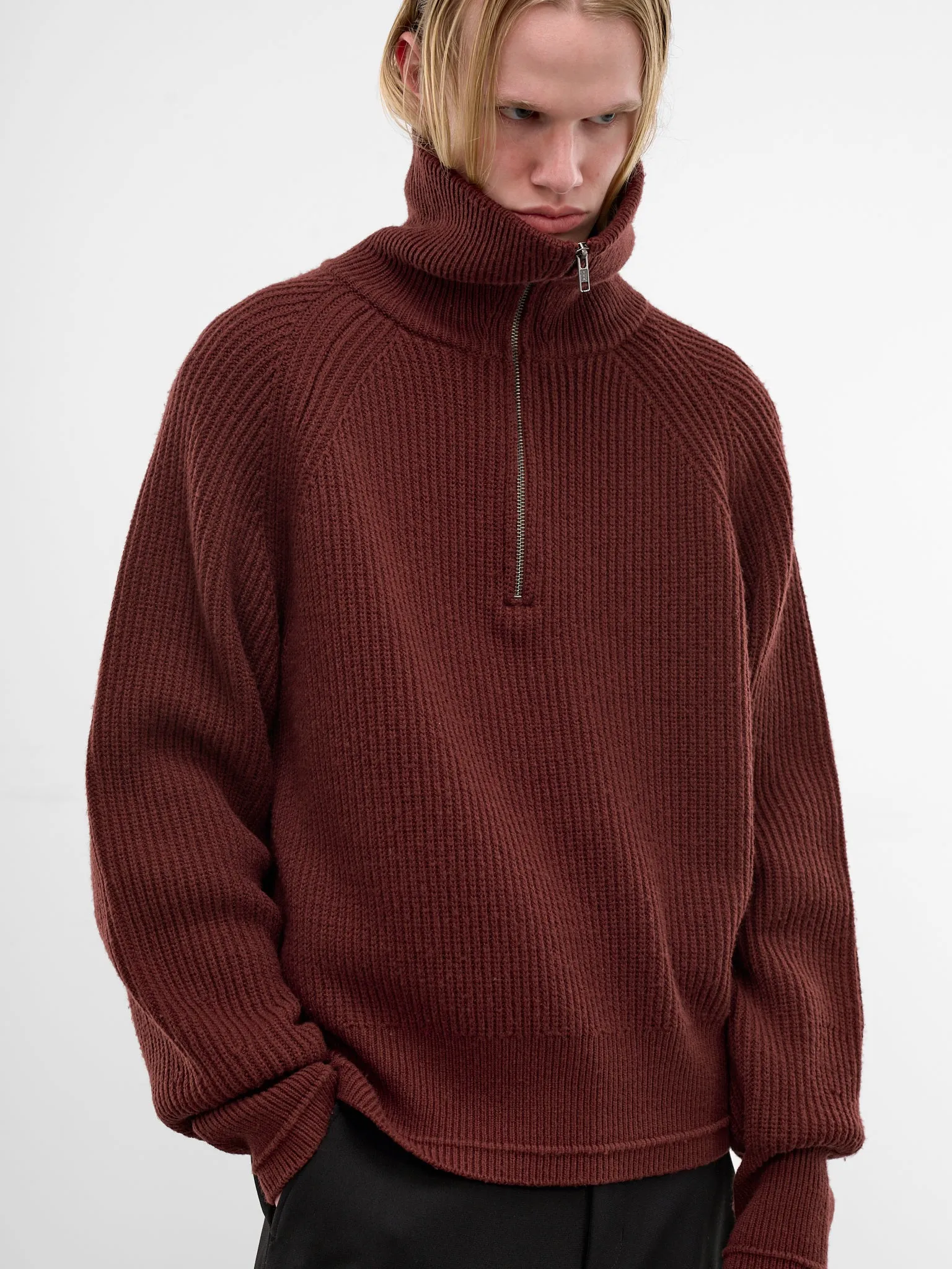 Bean Wool Rib-Knit Quarter Zip (ESSS26TO01073-BEAN) sold by lorenzo product image thumbnail 5