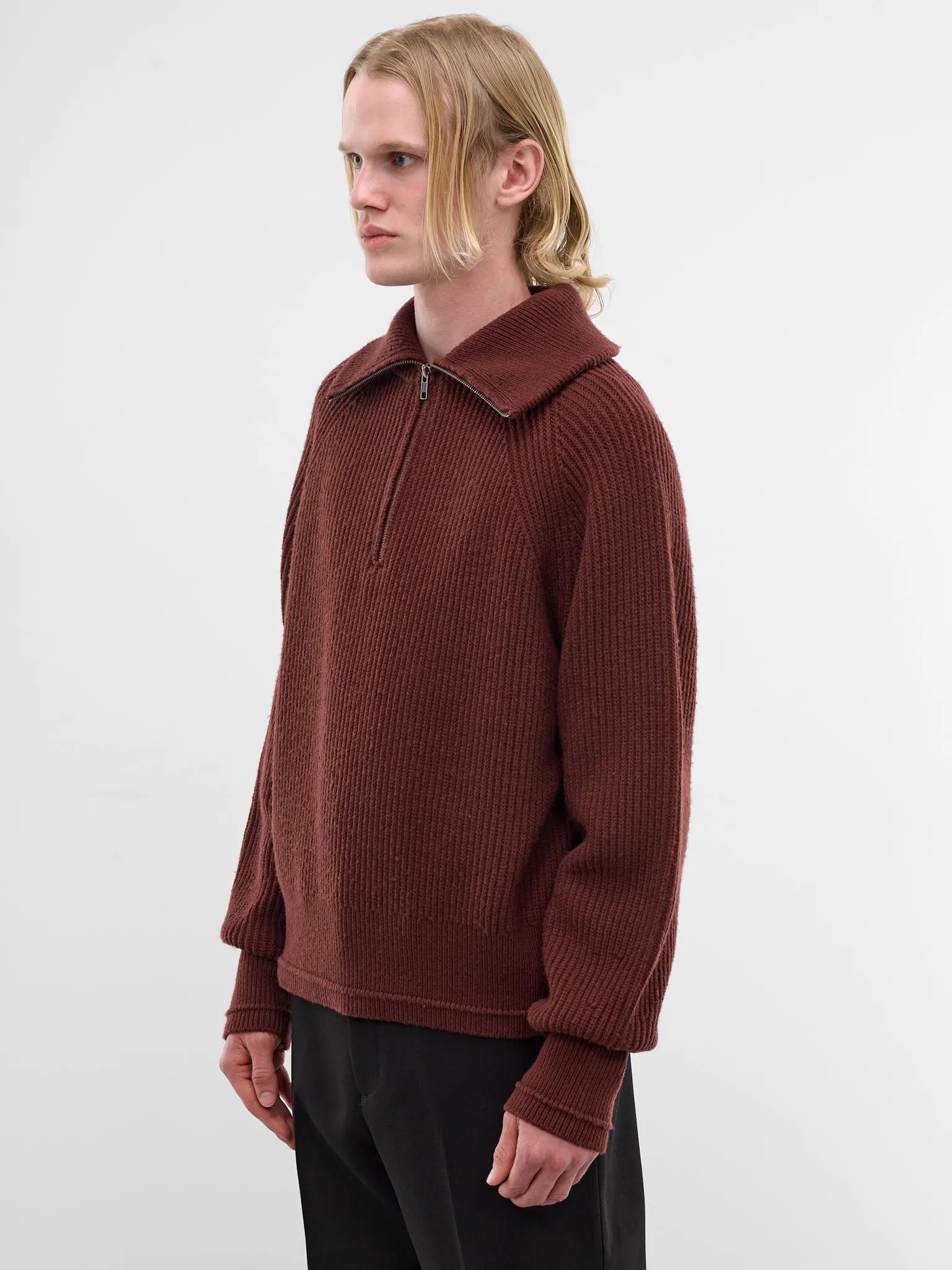Bean Wool Rib-Knit Quarter Zip (ESSS26TO01073-BEAN) sold by lorenzo product image thumbnail 2