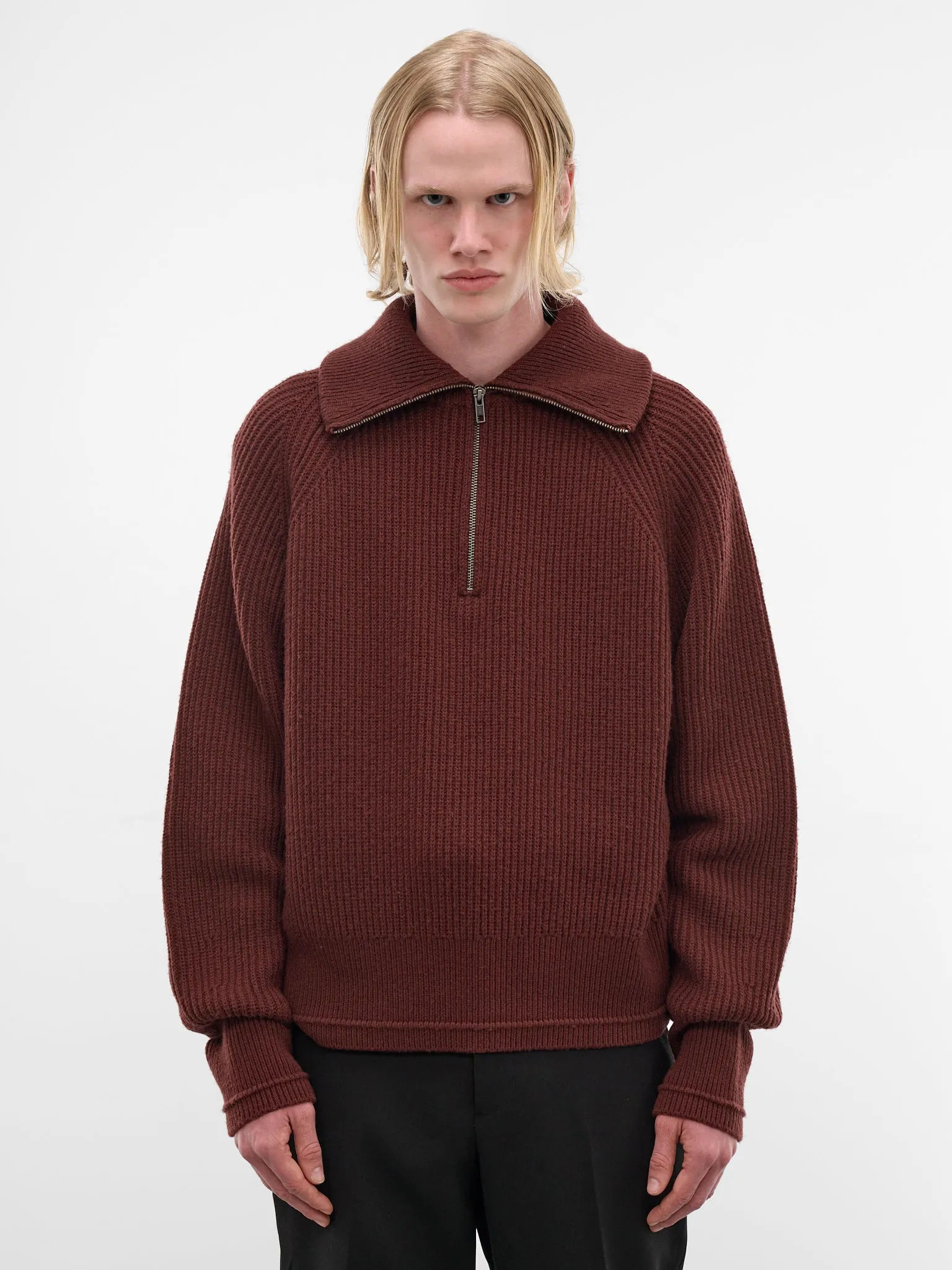 Bean Wool Rib-Knit Quarter Zip (ESSS26TO01073-BEAN) sold by lorenzo