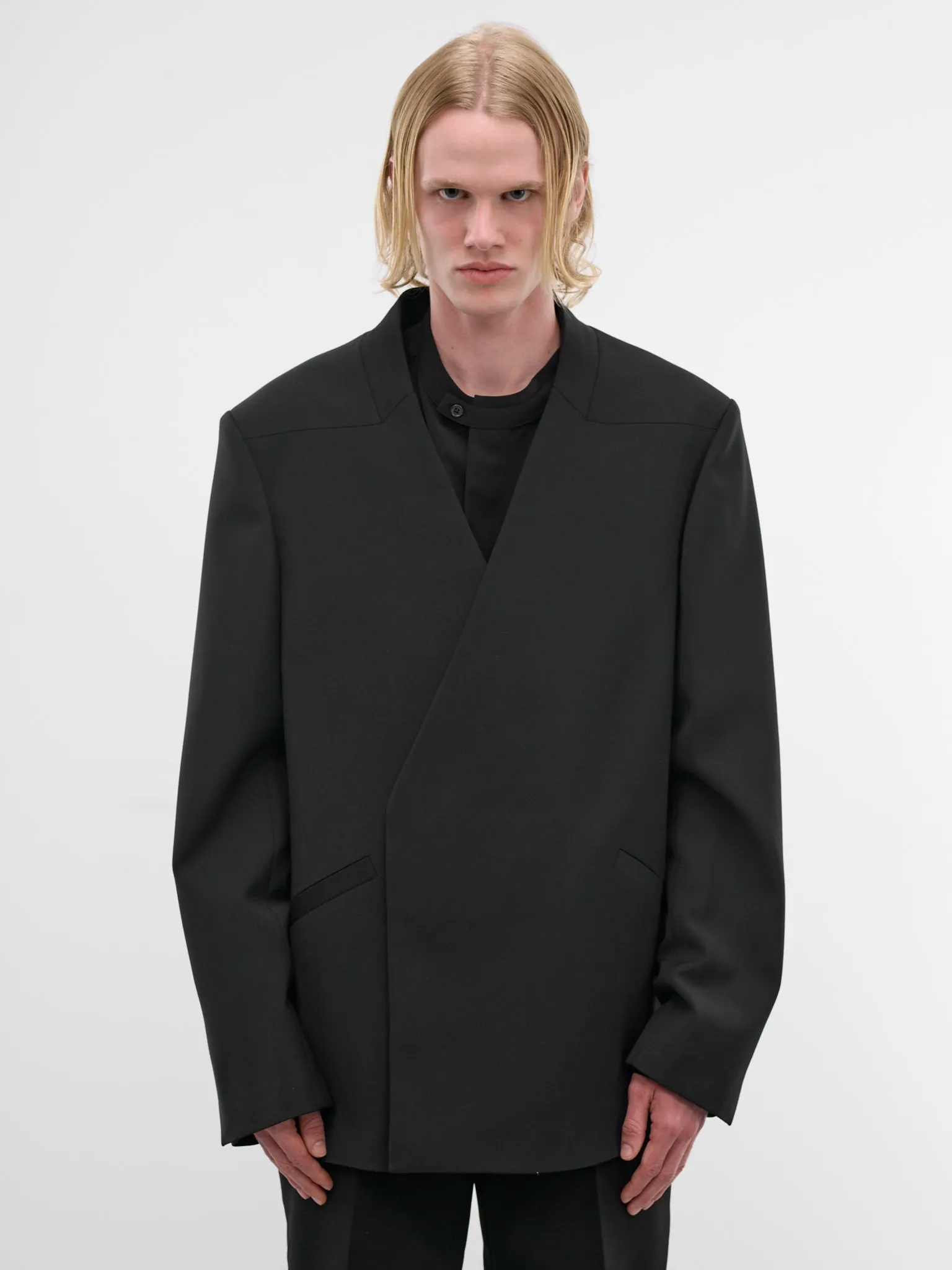 Black Wool Lapelless Blazer (ESSS26JA02244-BLACK) sold by lorenzo