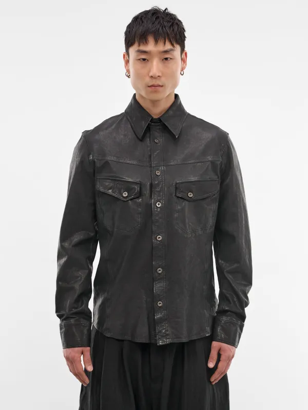 Black Leather Trucker Jacket (HK-B99-704-1-BLACK) made by Yohji Yamamoto