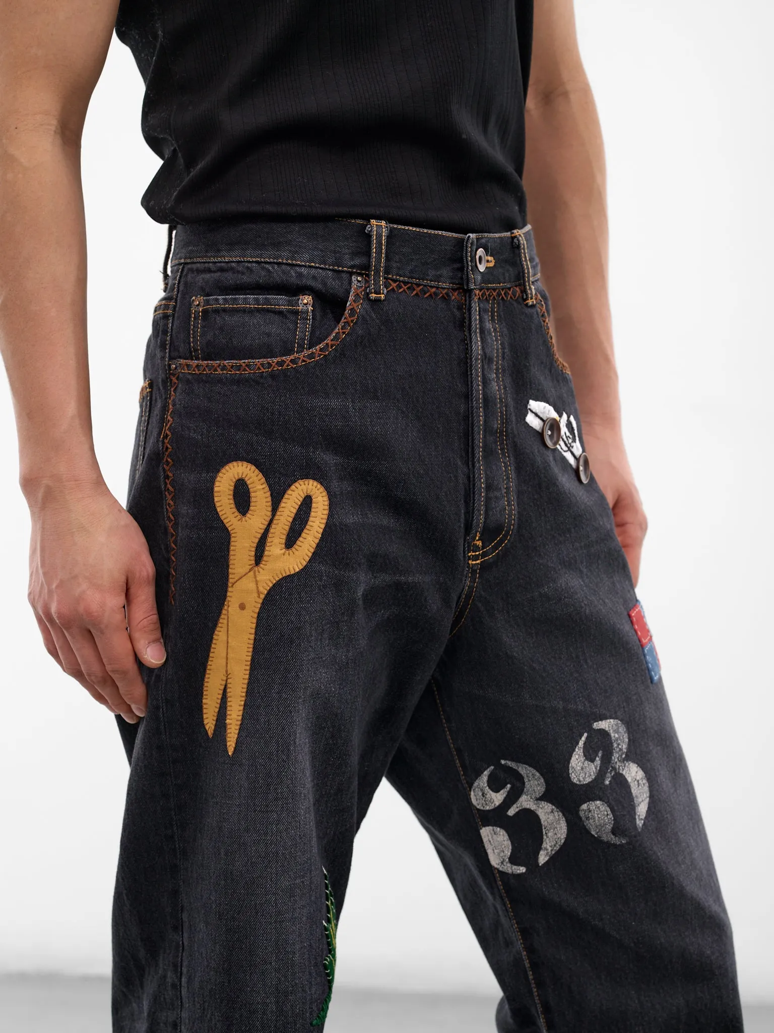 Black Denim Hand-Embroidered Jeans (26SS-P-10-BLACK) sold by lorenzo product image thumbnail 5