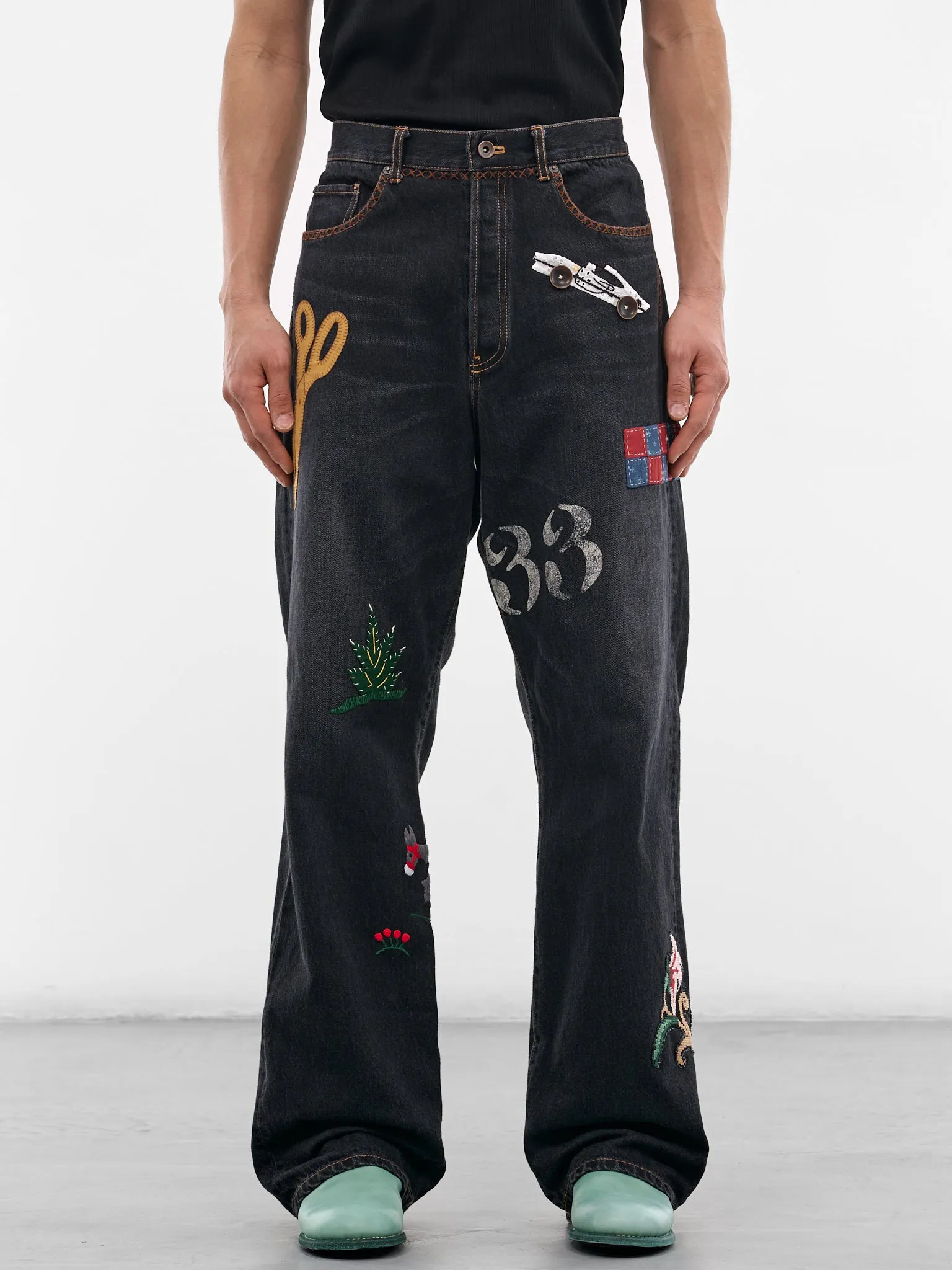 Black Denim Hand-Embroidered Jeans (26SS-P-10-BLACK) sold by lorenzo