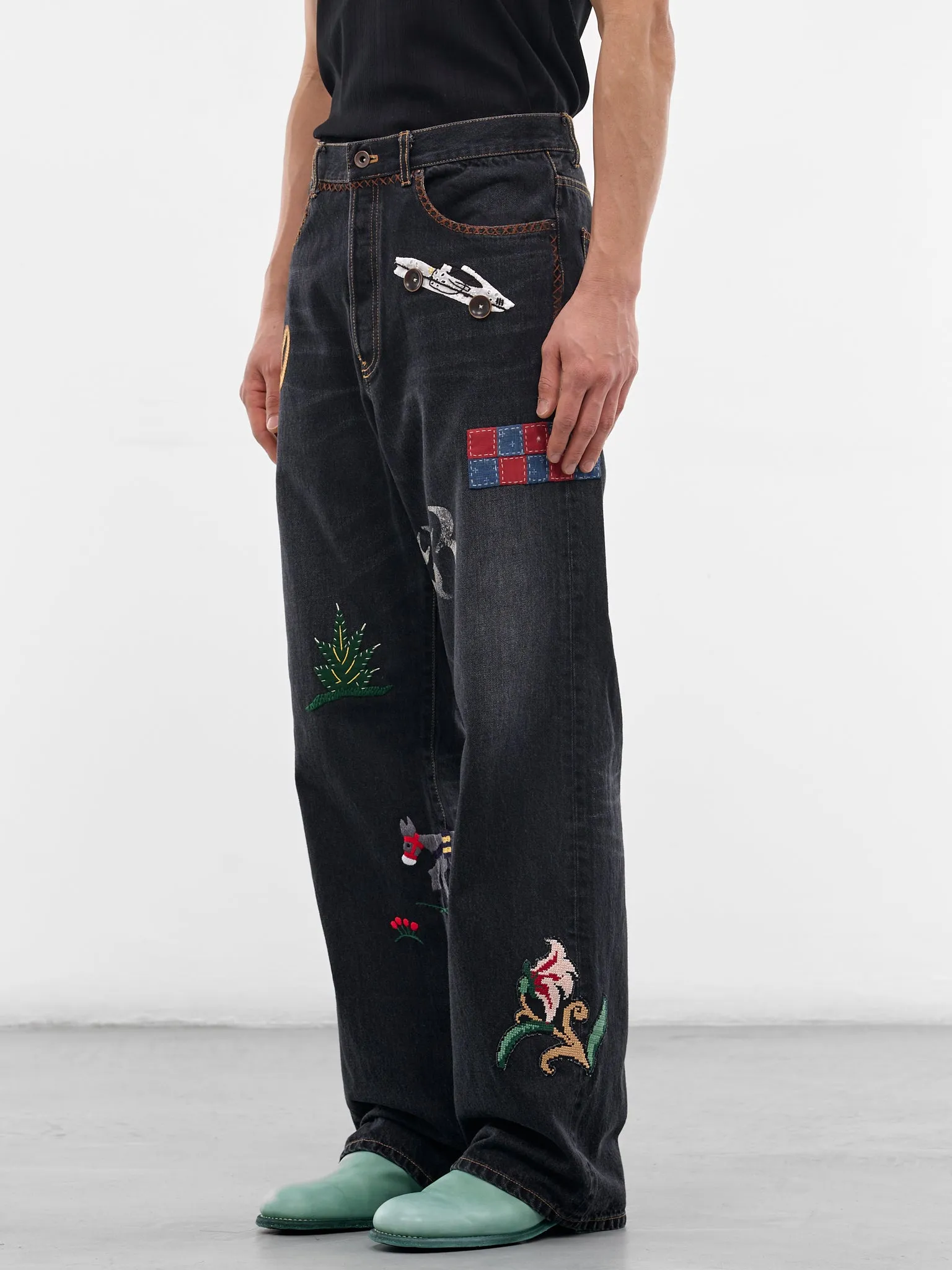 Black Denim Hand-Embroidered Jeans (26SS-P-10-BLACK) sold by lorenzo product image thumbnail 2