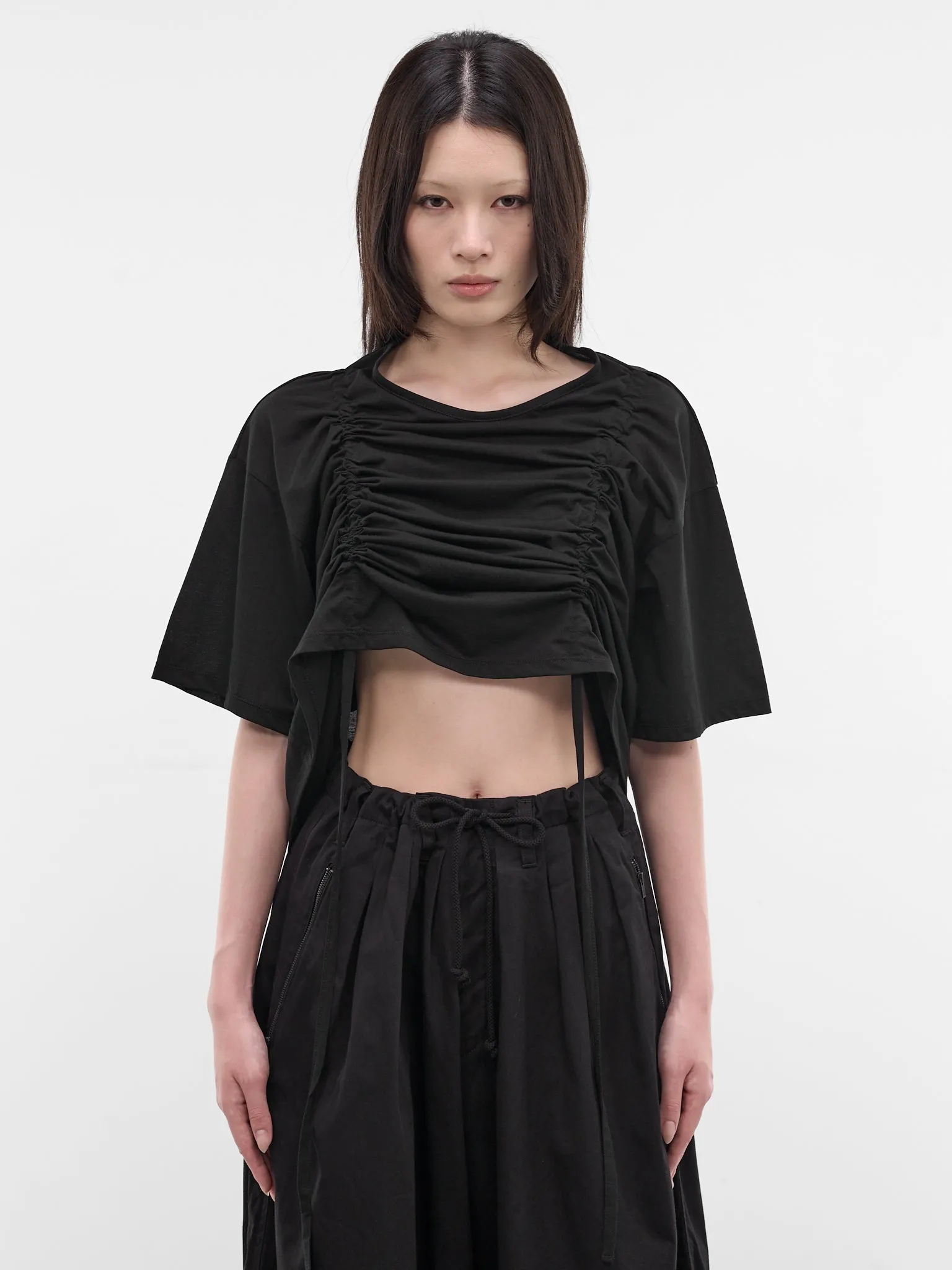 Black Gathered Front Crop Tee (FK-T33-078-1-BLACK) sold by lorenzo
