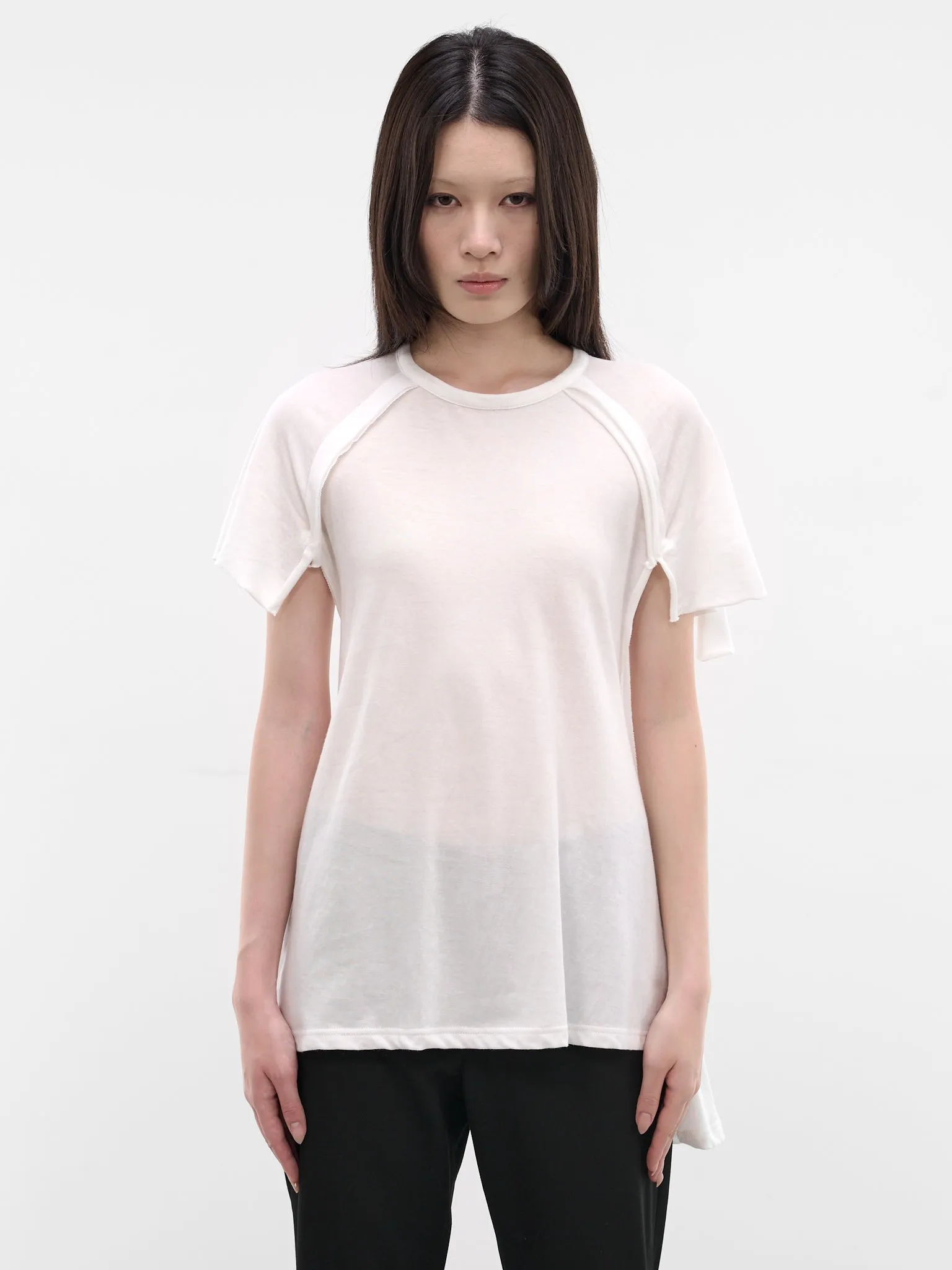 White Deconstructed Draping Tee (FK-T28-076-1-OFF-WHITE) sold by lorenzo