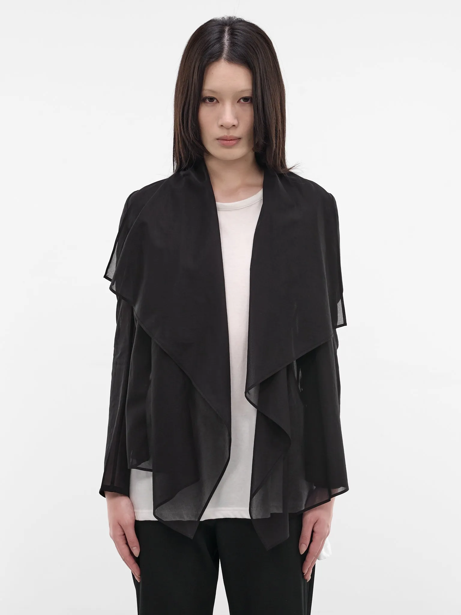 Black Crepe Sheer Draped Jacket (FK-J82-003-1-BLACK) sold by lorenzo
