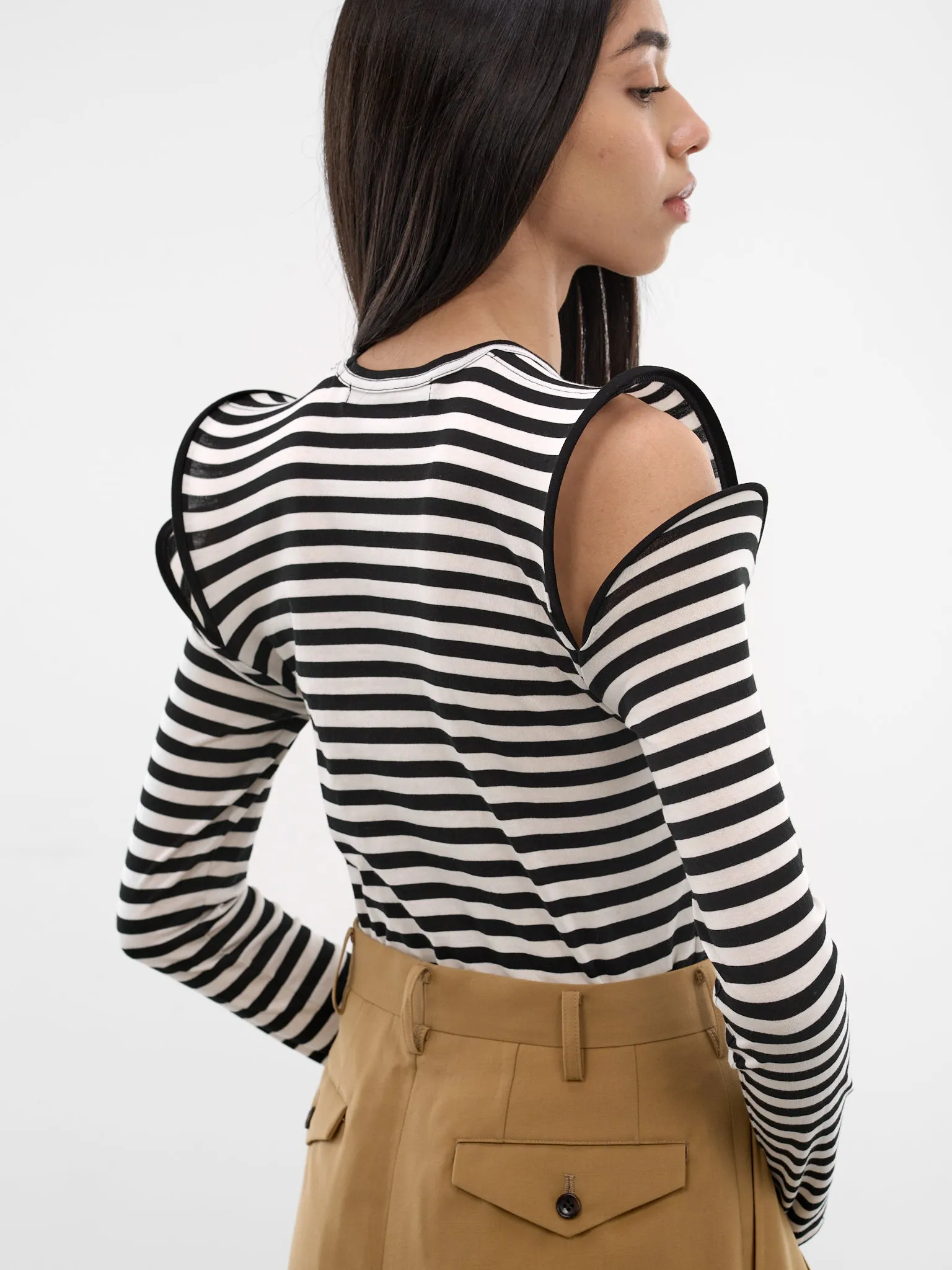 Striped Sculptural Shoulder Cut-Out Top (JQ-T022-S26-BLACK-WHITE) sold by lorenzo product image thumbnail 5