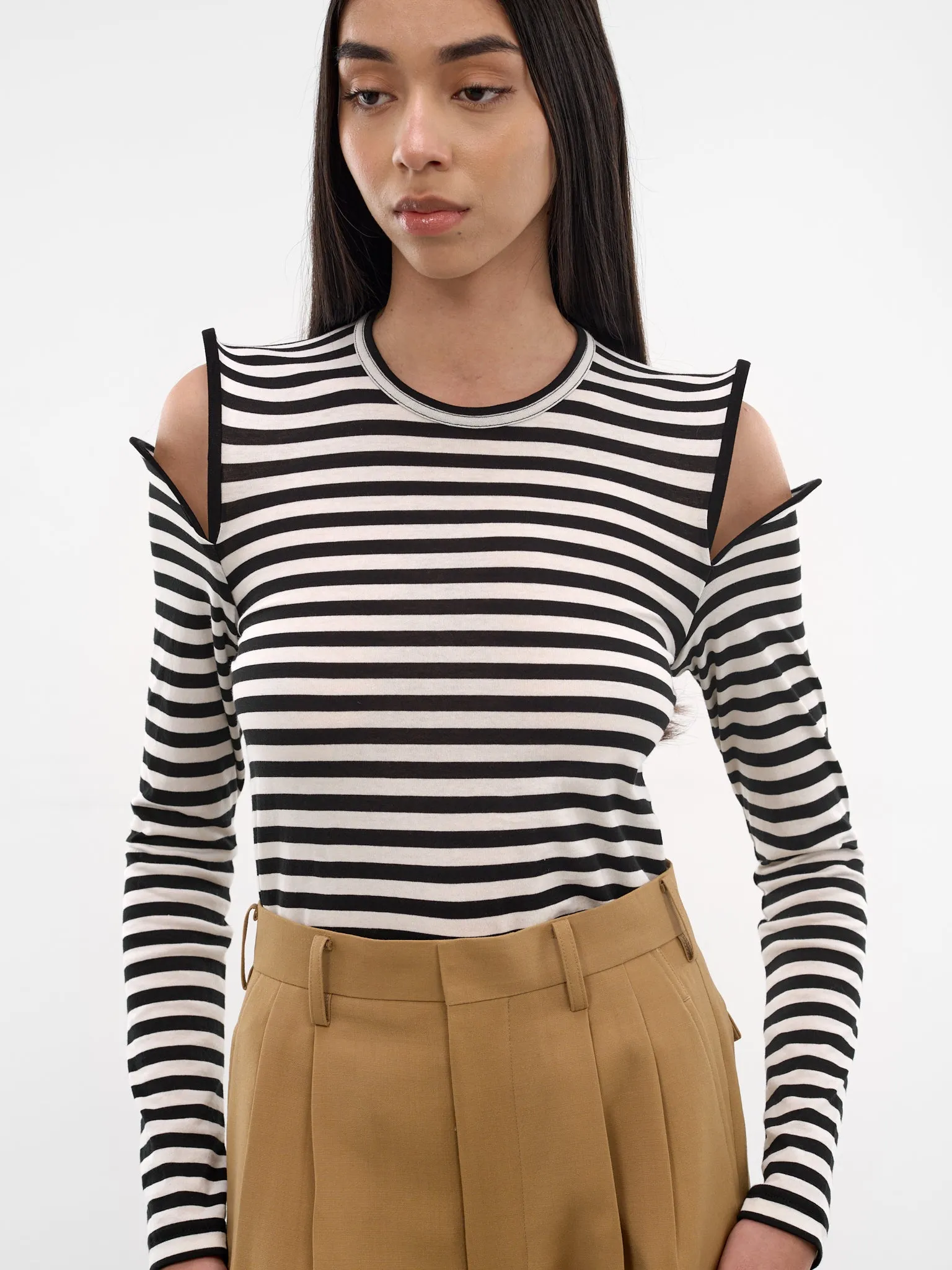 Striped Sculptural Shoulder Cut-Out Top (JQ-T022-S26-BLACK-WHITE) sold by lorenzo product image thumbnail 4
