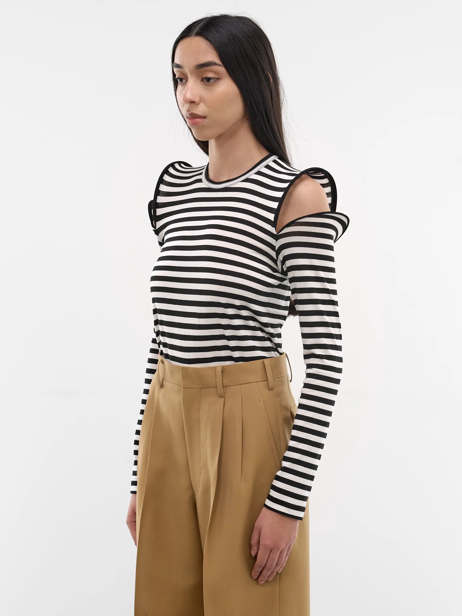 Striped Sculptural Shoulder Cut-Out Top (JQ-T022-S26-BLACK-WHITE) sold by lorenzo product image thumbnail 2